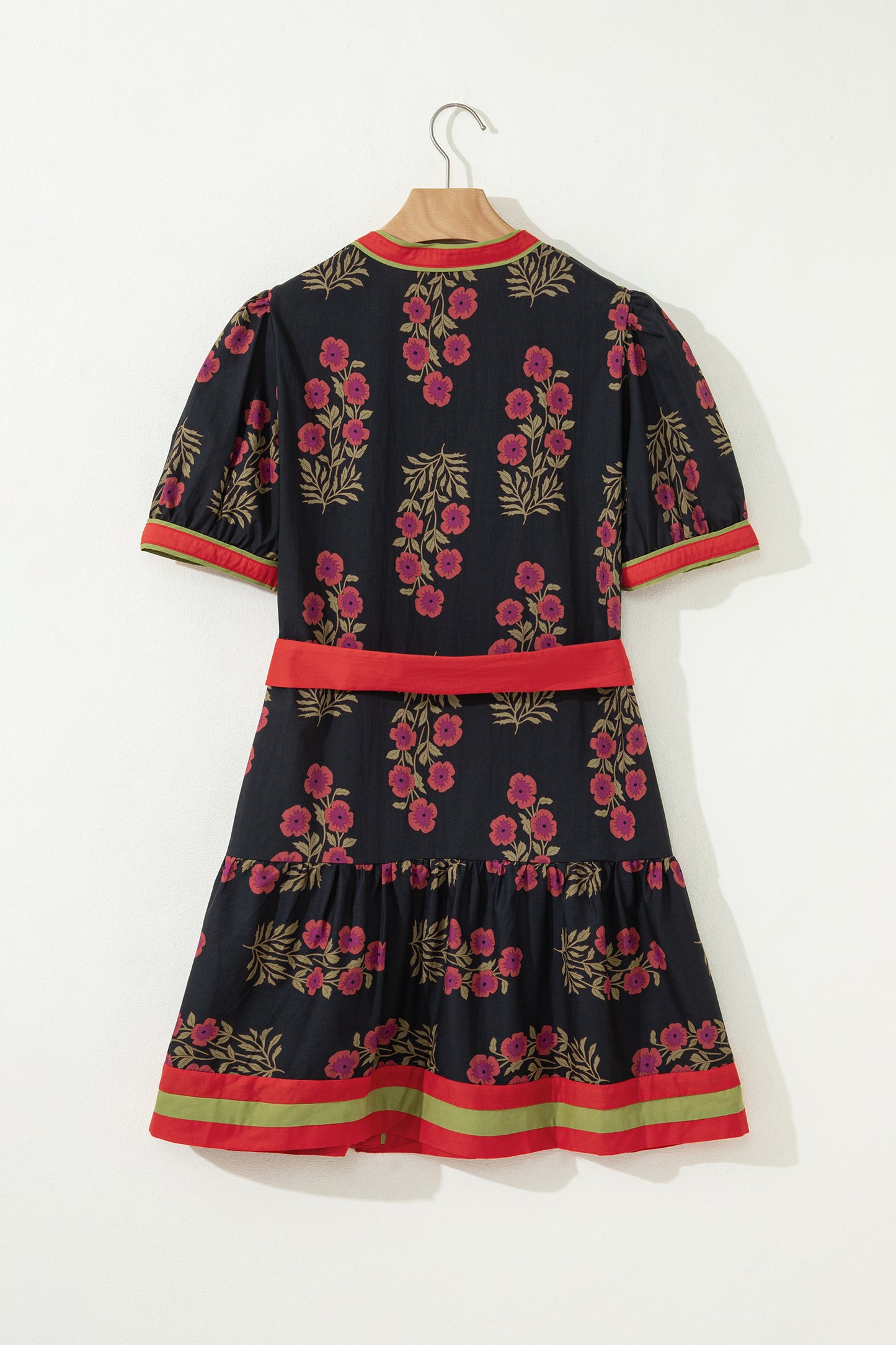 Black Retro Floral Print Button Down Belted Short Puff Sleeve Mini Dress-TOPS / DRESSES-[Adult]-[Female]-2022 Online Blue Zone Planet