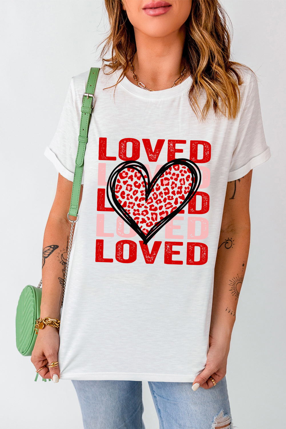 White Leopard Heart LOVE Printed Valentines Tee-Graphic Tees-[Adult]-[Female]-2022 Online Blue Zone Planet