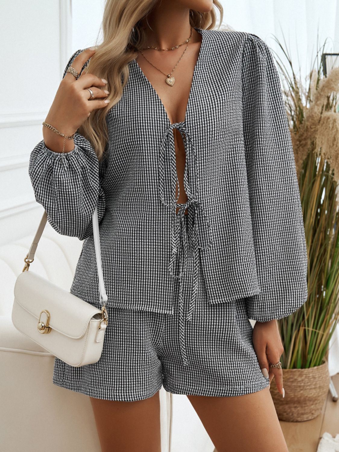 Blue Zone Planet | Devine Tied Long Sleeve Top and Shorts Set-TOPS / DRESSES-[Adult]-[Female]-2022 Online Blue Zone Planet