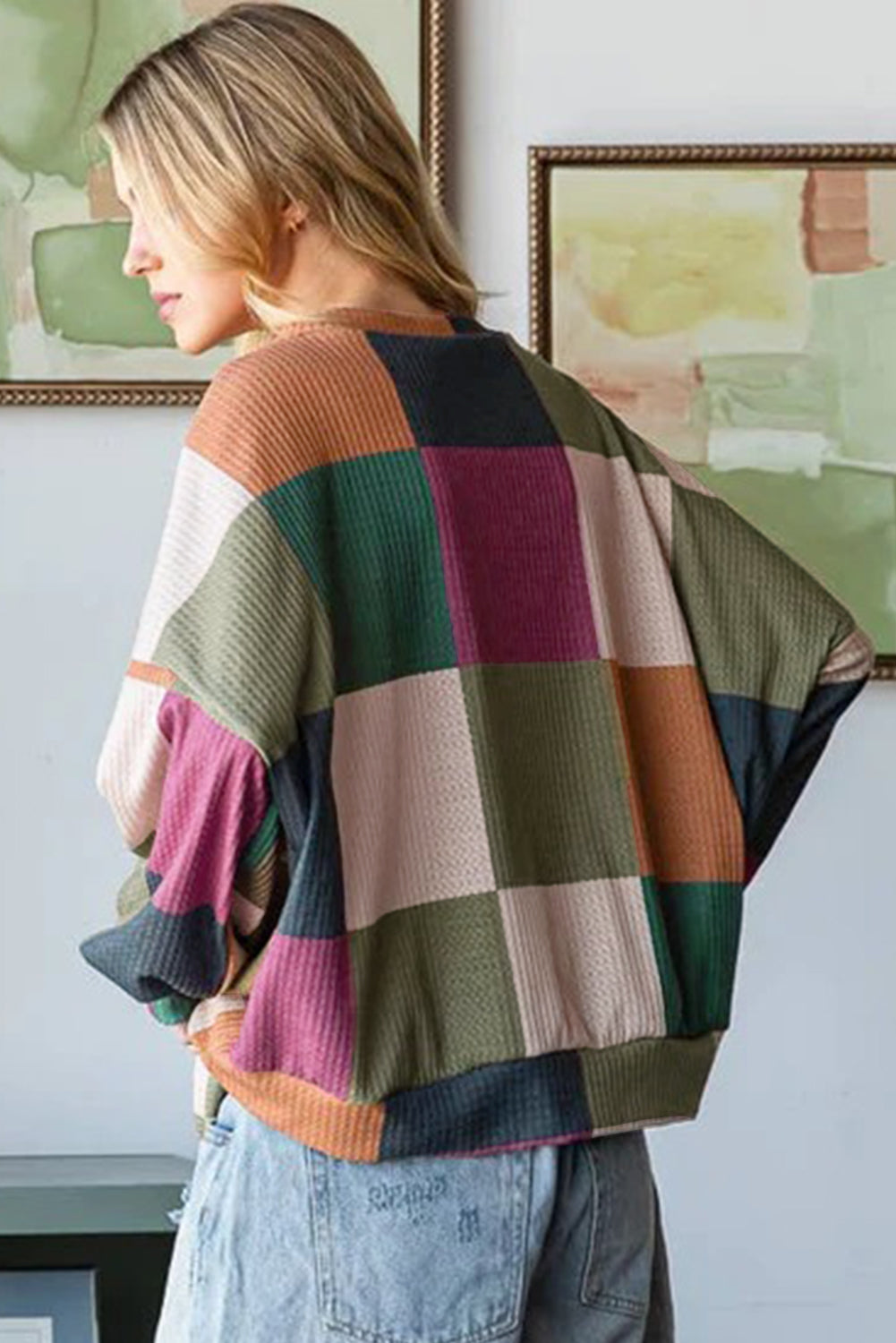 Green Checkered Print Textured Knit Long Sleeve Loose Top-Tops/Long Sleeve Tops-[Adult]-[Female]-2022 Online Blue Zone Planet