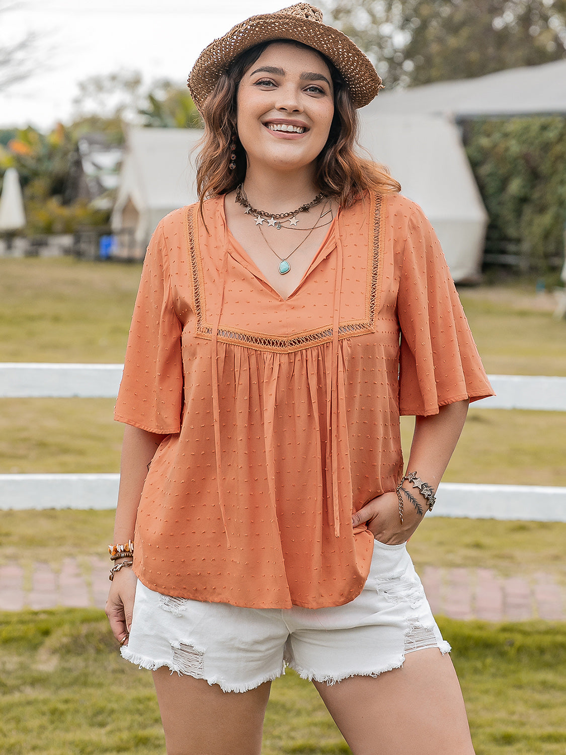 Plus Size Ruched Tie Neck Half Sleeve Blouse-TOPS / DRESSES-[Adult]-[Female]-Tangerine-0XL-2022 Online Blue Zone Planet