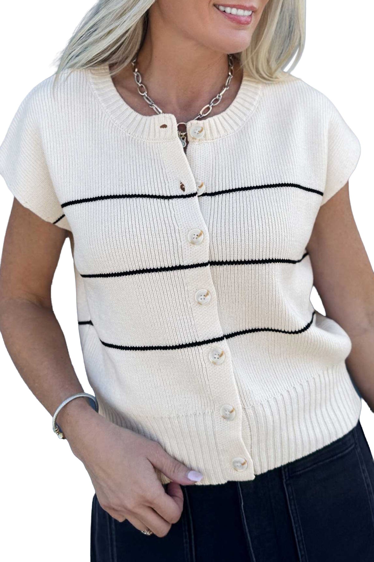 White Stripe Short Sleeve Button Front Shift Cardigan-Sweaters & Cardigans/Cardigans-[Adult]-[Female]-2022 Online Blue Zone Planet