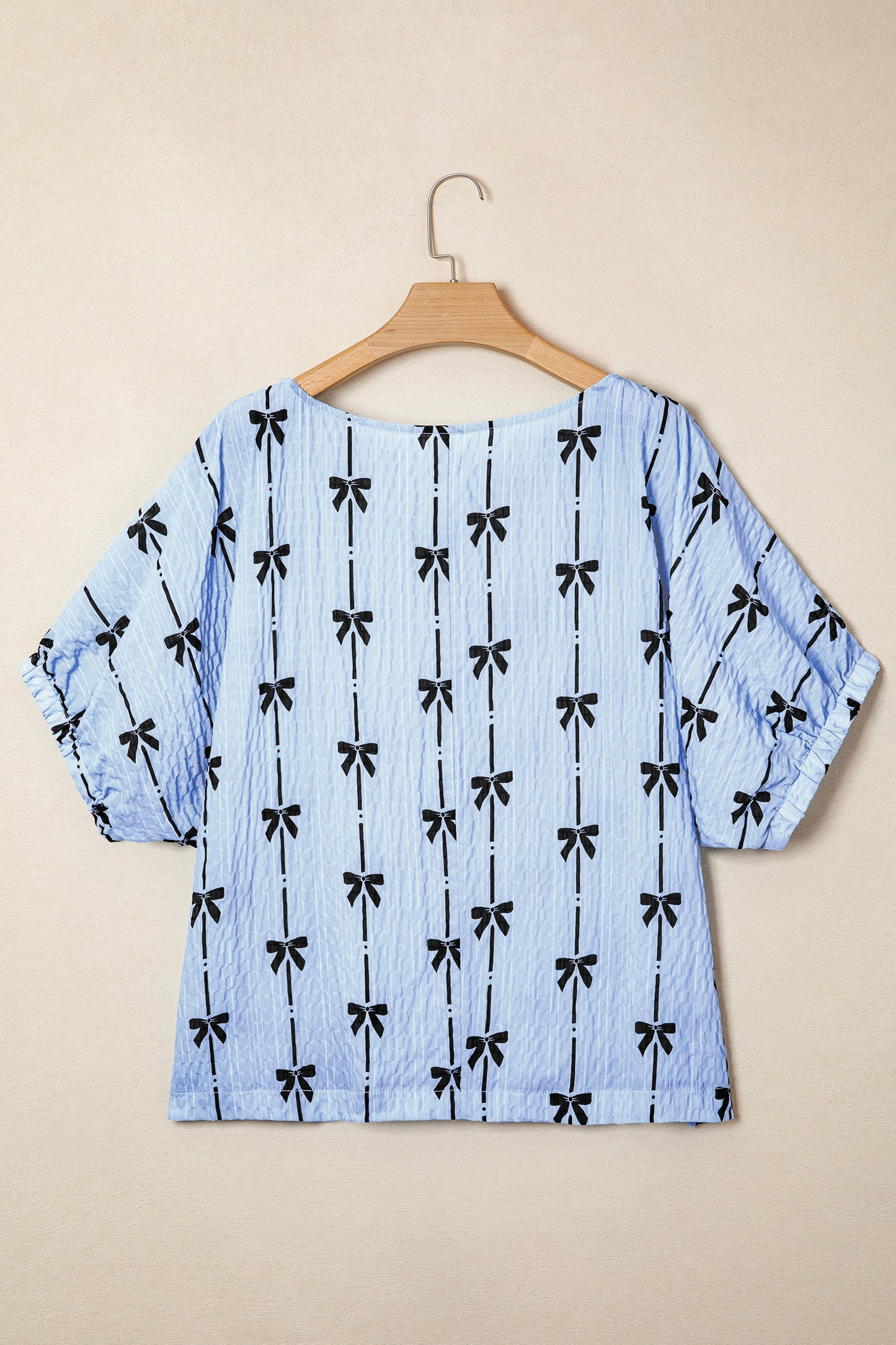 Beau Blue Bow Print Puff Short Sleeve Top-Tops/Tops & Tees-[Adult]-[Female]-2022 Online Blue Zone Planet