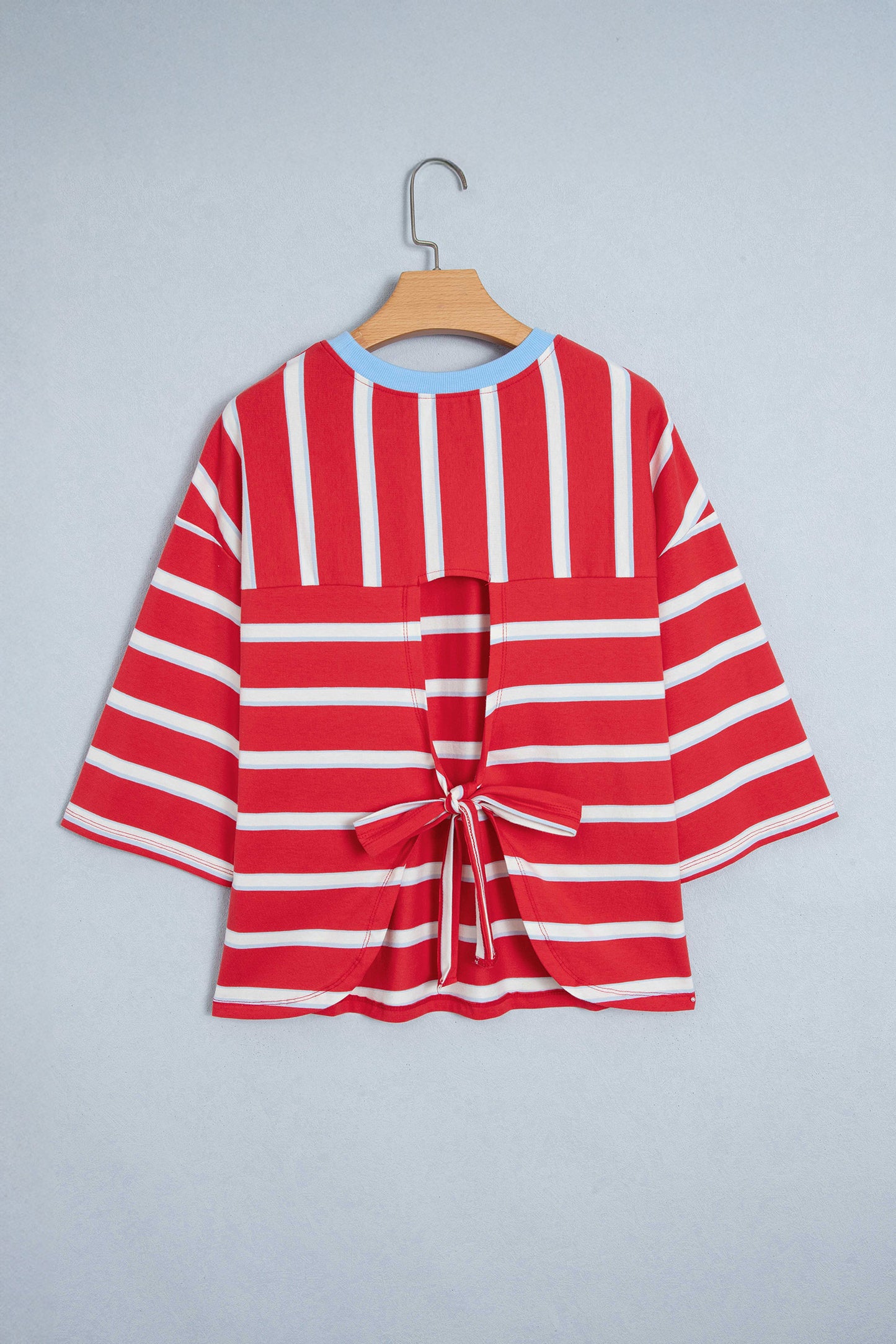 Racing Red Striped Bow Tie Hollowed Back 7/8 Sleeve Casual T-Shirt-Tops/Long Sleeve Tops-[Adult]-[Female]-2022 Online Blue Zone Planet