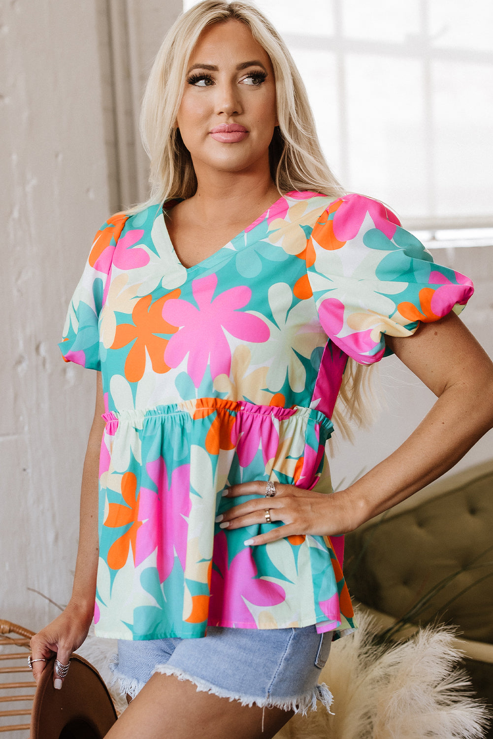 Pink Floral Print Bubble Sleeve V Neck Peplum Blouse-Tops/Blouses & Shirts-[Adult]-[Female]-2022 Online Blue Zone Planet