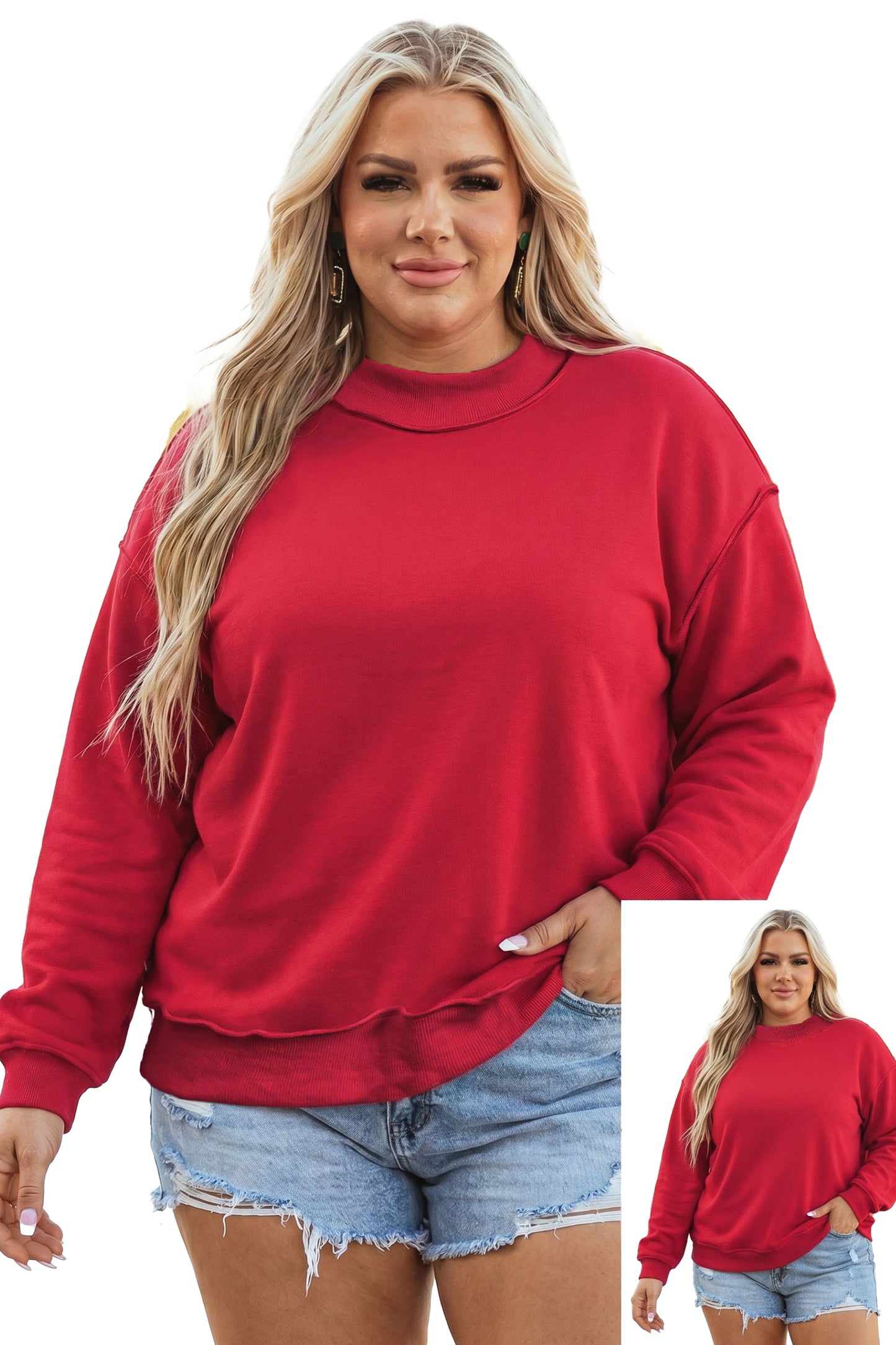 Racing Red Exposed Seam Detail Reversible Double Wear Plus Size Sweatshirt-Plus Size/Plus Size Sweatshirts & Hoodies-[Adult]-[Female]-2022 Online Blue Zone Planet