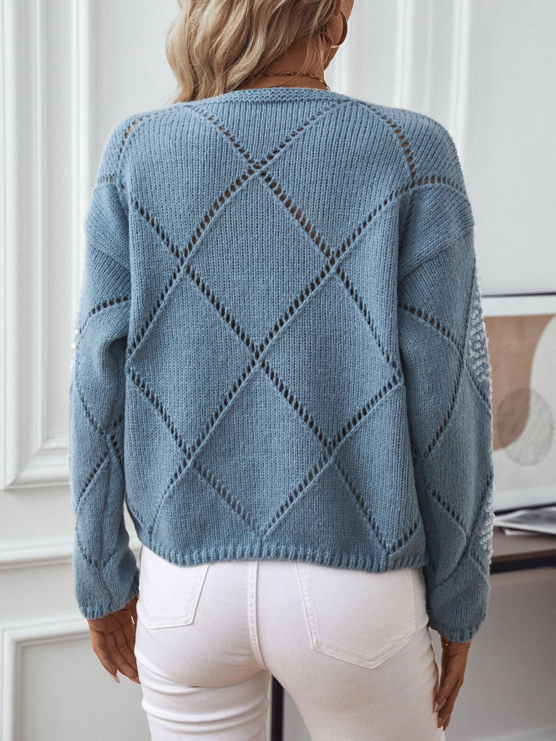 Openwork Round Neck Long Sleeve Knit Top-TOPS / DRESSES-[Adult]-[Female]-2022 Online Blue Zone Planet