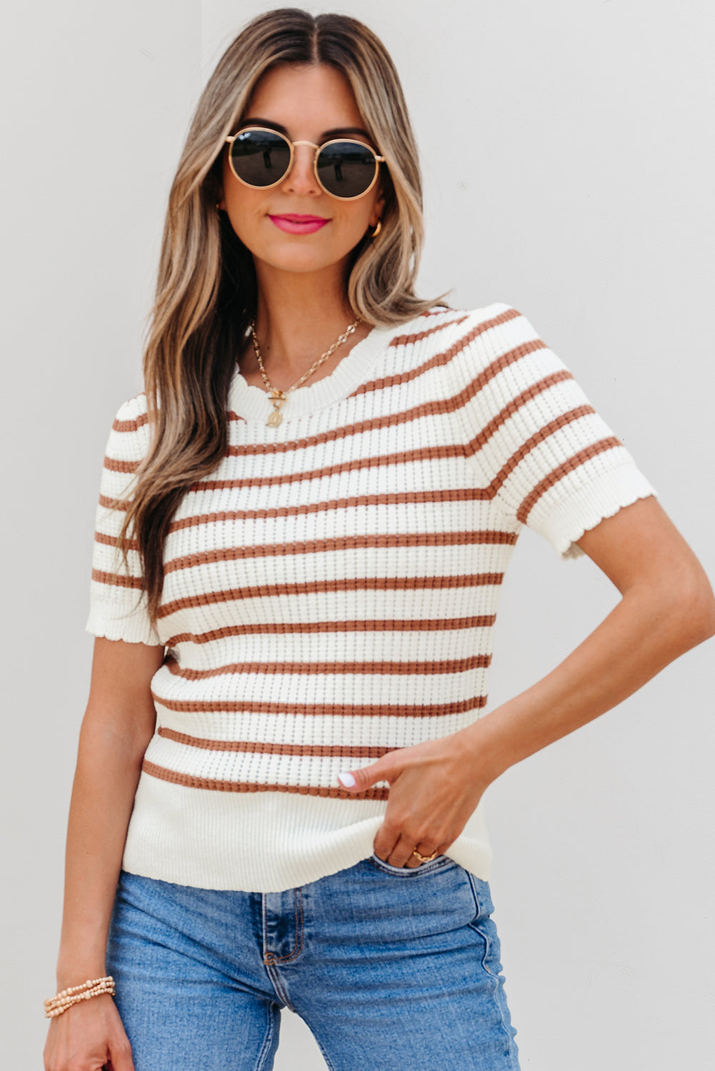 Khaki Stripe Scalloped Round Neck Short Sleeve Sweater-Sweaters & Cardigans/Short Sleeve Sweaters-[Adult]-[Female]-2022 Online Blue Zone Planet
