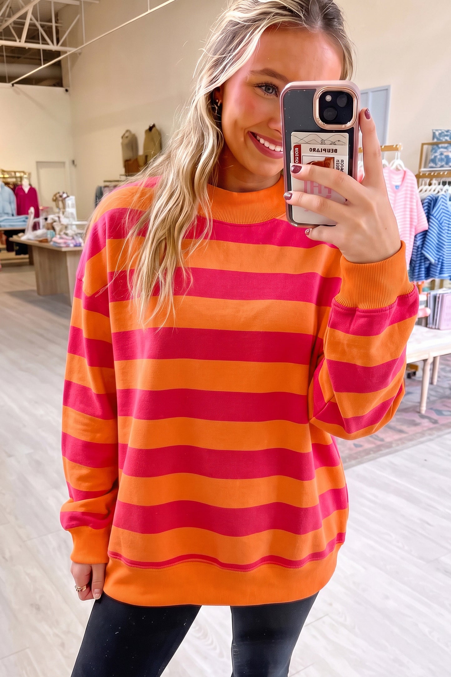 Rose Stripe Colorblock Mock Neck Relaxed Sweatshirt