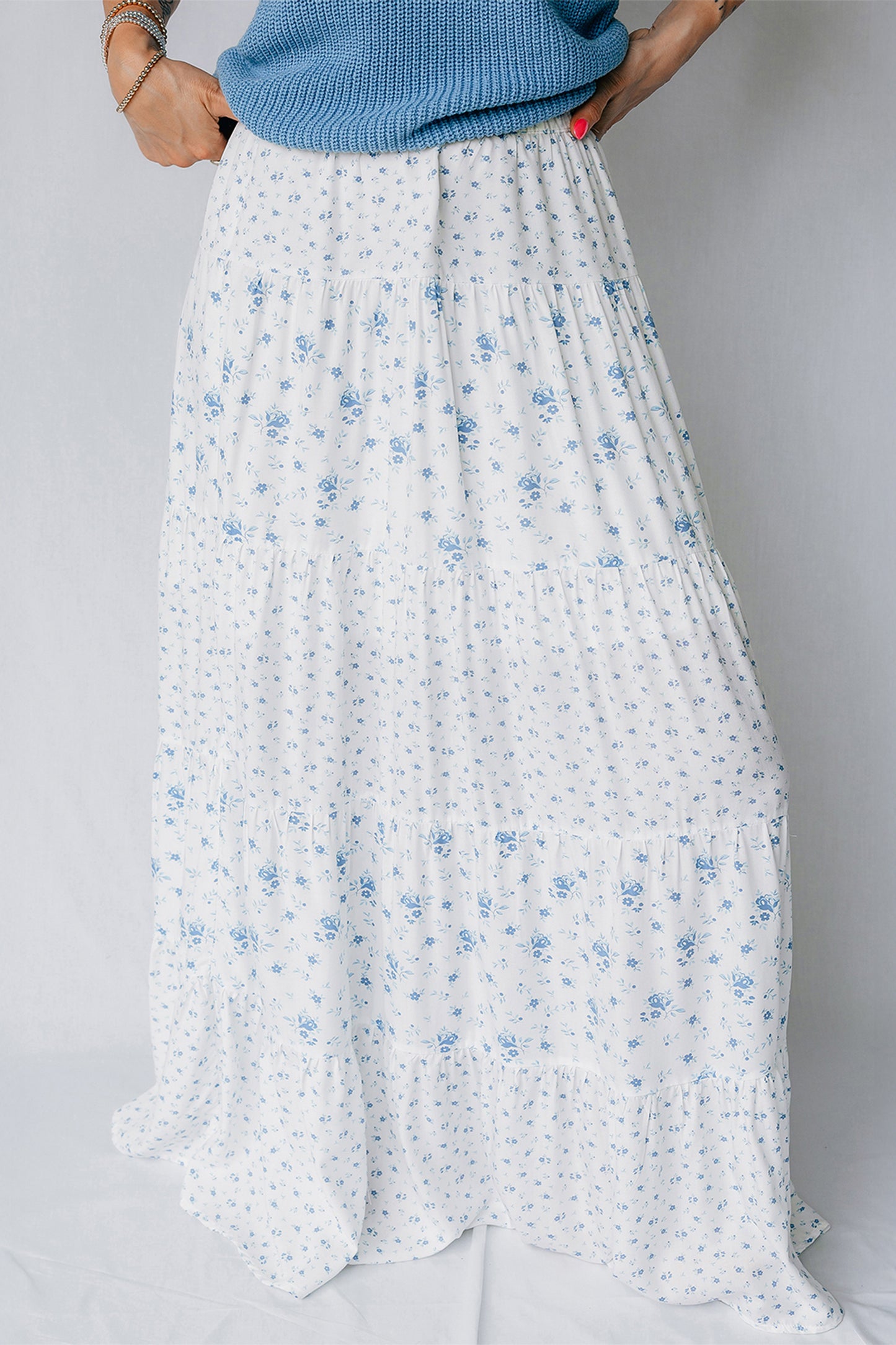 Sky Blue High Waist Tiny Floral Print Boho Maxi Skirt-Bottoms/Skirts & Petticoat-[Adult]-[Female]-Sky Blue-S-2022 Online Blue Zone Planet