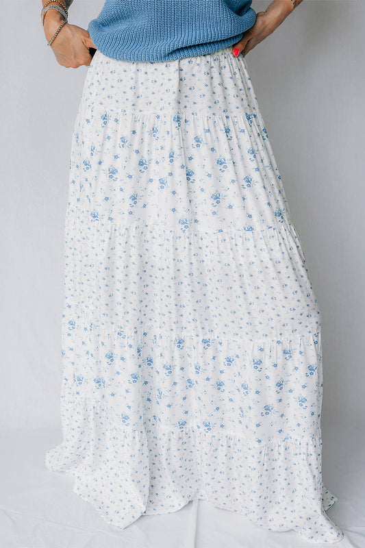 Sky Blue High Waist Tiny Floral Print Boho Maxi Skirt-Bottoms/Skirts & Petticoat-[Adult]-[Female]-Sky Blue-S-2022 Online Blue Zone Planet