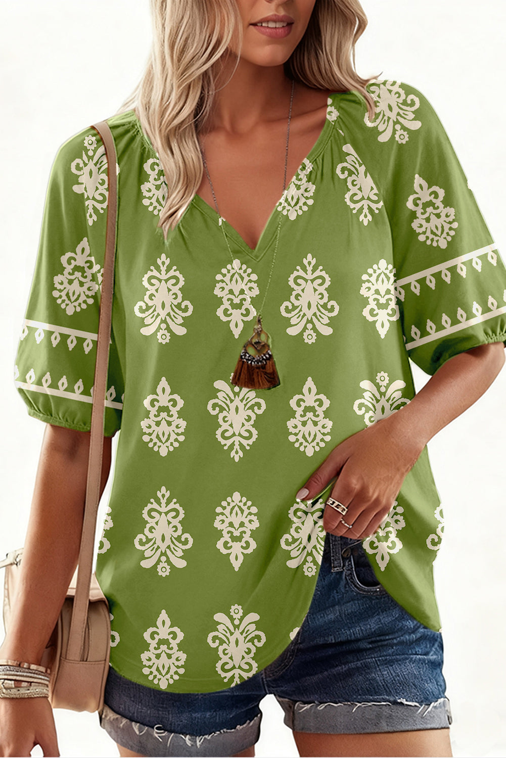 Green Boho Chic Notched V Neck Plus Floral Short Sleeve Top-Plus Size/Plus Size Tops/Plus Size Blouses & Shirts-[Adult]-[Female]-Green-L-2022 Online Blue Zone Planet