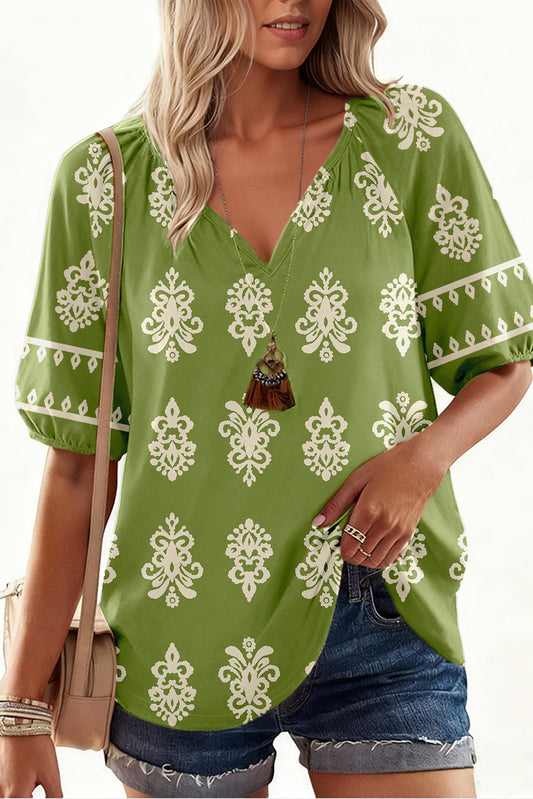 Green Boho Chic Notched V Neck Plus Floral Short Sleeve Top-Plus Size/Plus Size Tops/Plus Size Blouses & Shirts-[Adult]-[Female]-Green-L-2022 Online Blue Zone Planet