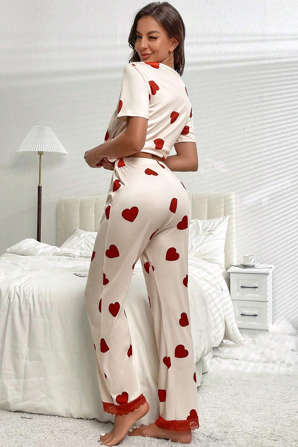 White Valentines Heart Print Lace Hem Tee Pants Pajama Set-Sale (50% OFF)/30% OFF-[Adult]-[Female]-2022 Online Blue Zone Planet