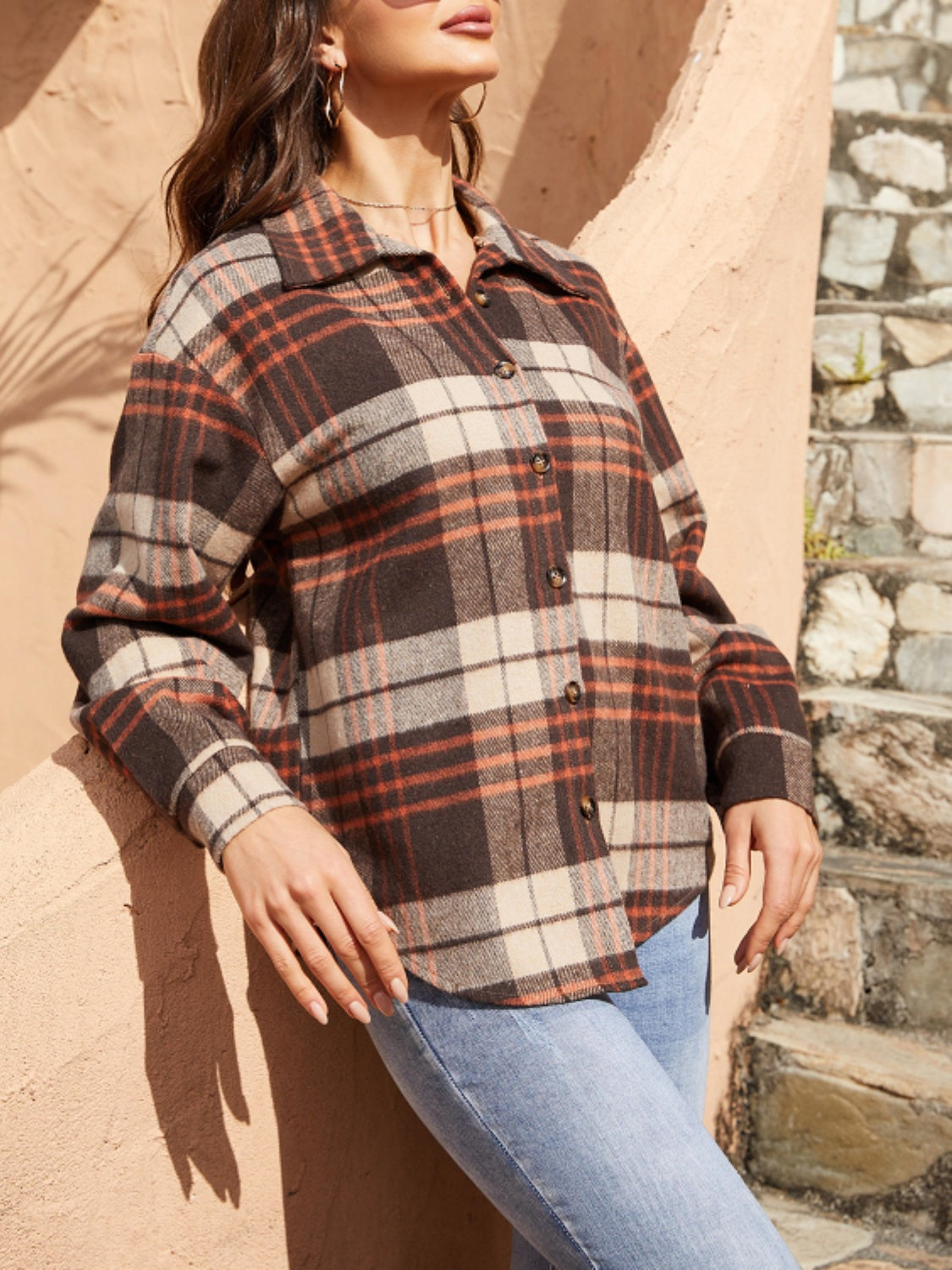 Plaid Button Up Long Sleeve Jacket-TOPS / DRESSES-[Adult]-[Female]-2022 Online Blue Zone Planet