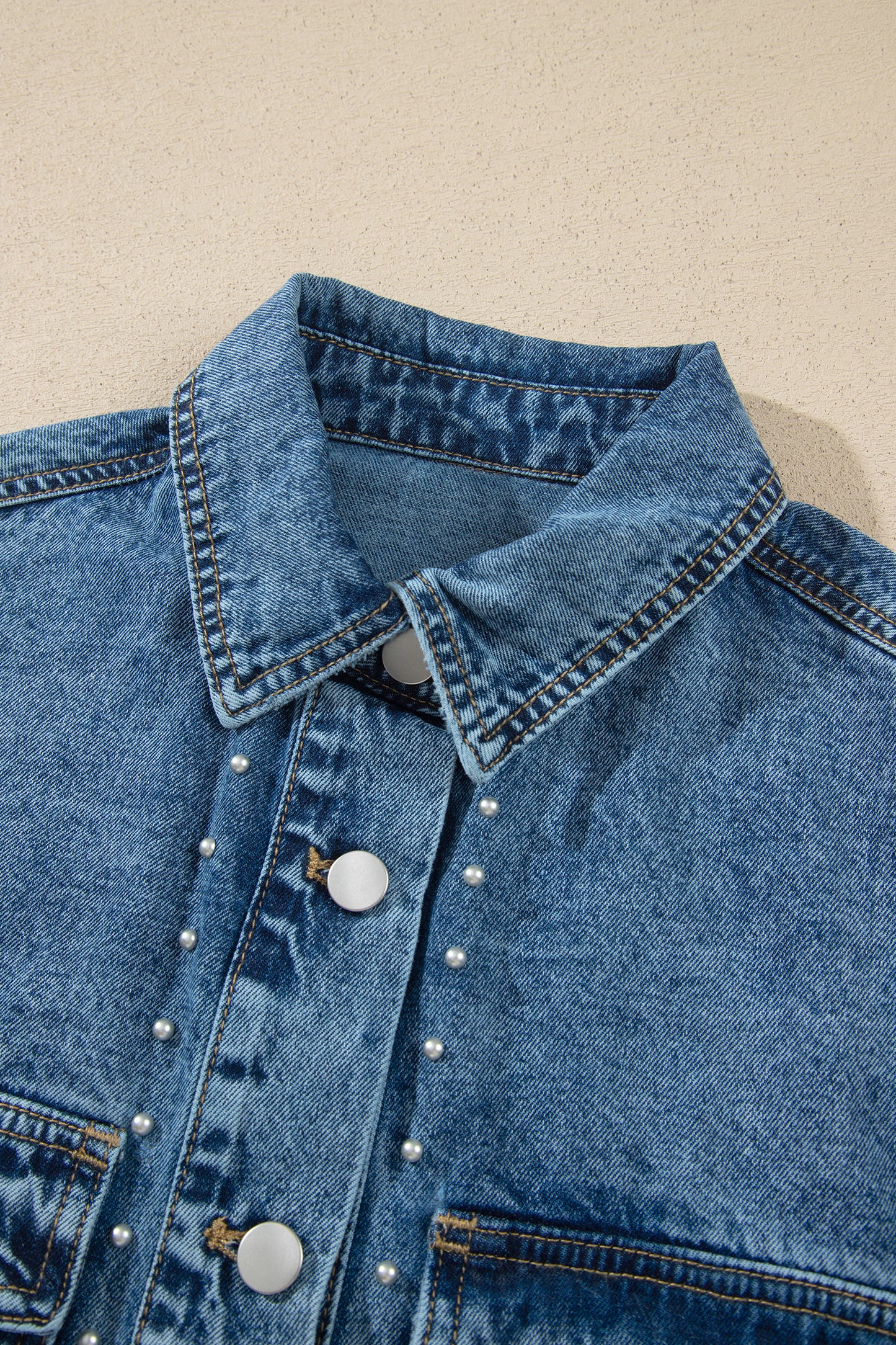 Sail Blue Rivet Embellished Western Style Regular Fit Long Sleeve Denim Jacket