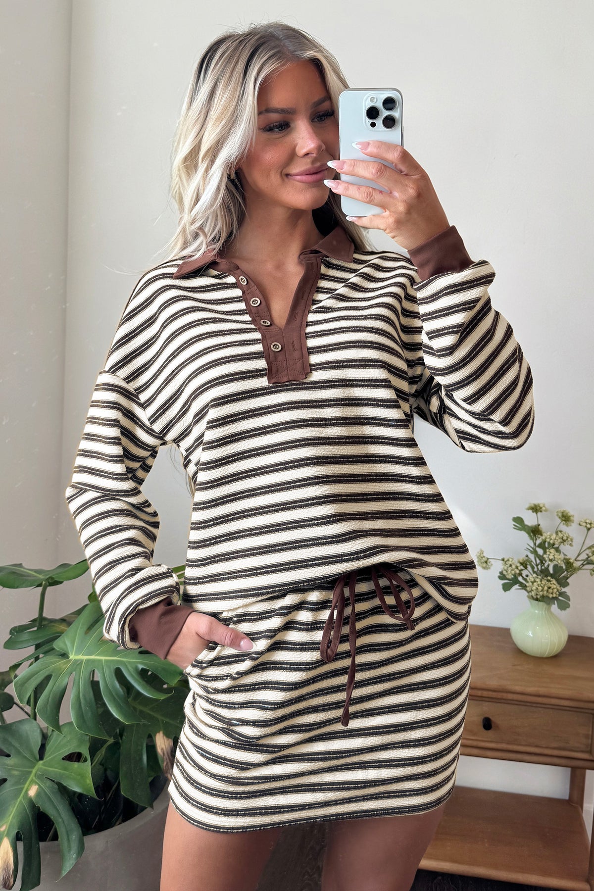 Brown Stripe Contrast Trim Button Neck Long Sleeve Top Drawstring Mini Skirt Set-Two Piece Sets/Two Piece Dresses-[Adult]-[Female]-2022 Online Blue Zone Planet