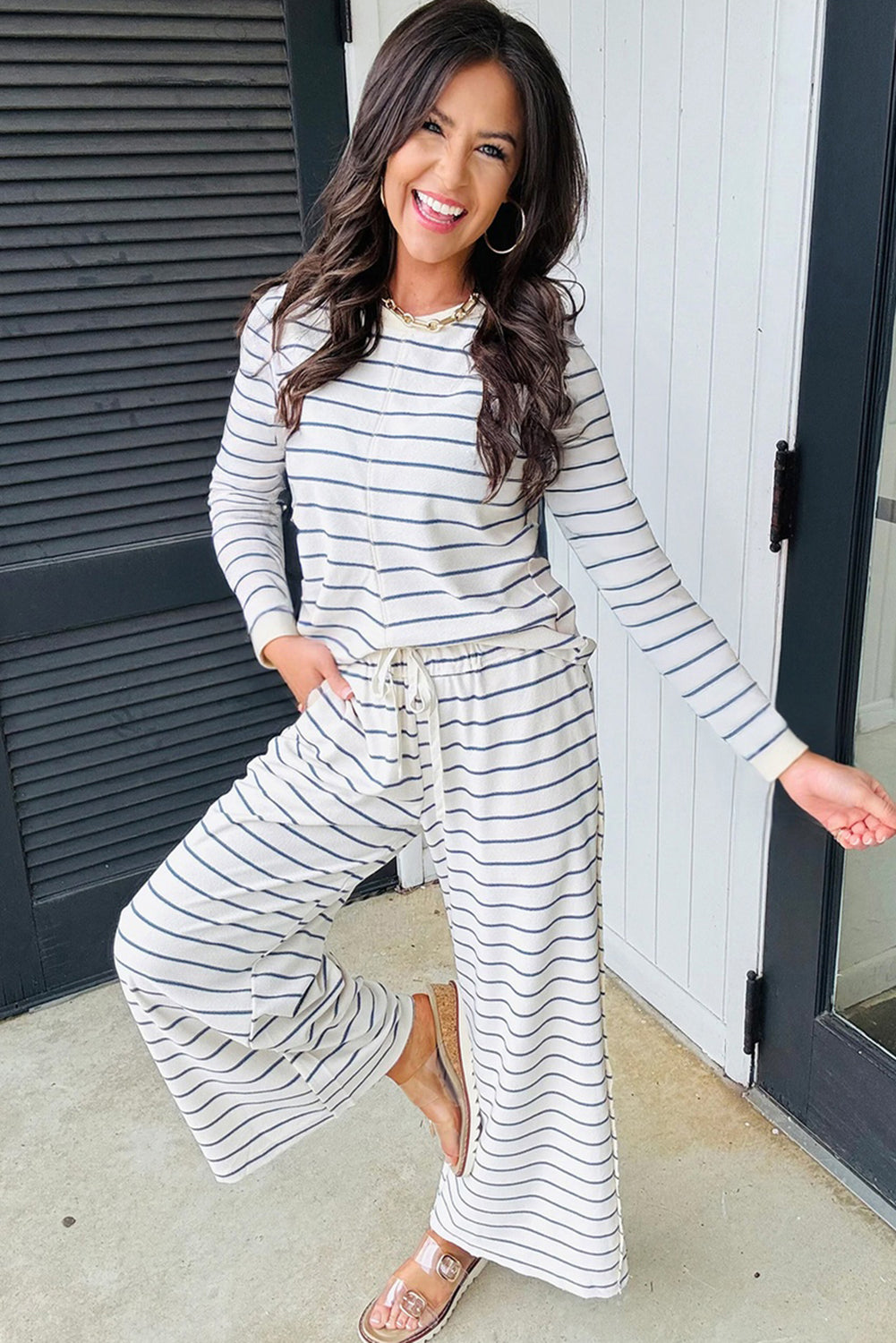 Sail Blue Striped Long Sleeve Top Drawstring Wide Leg Pants 2pcs Outfit-Two Piece Sets/Pant Sets-[Adult]-[Female]-2022 Online Blue Zone Planet