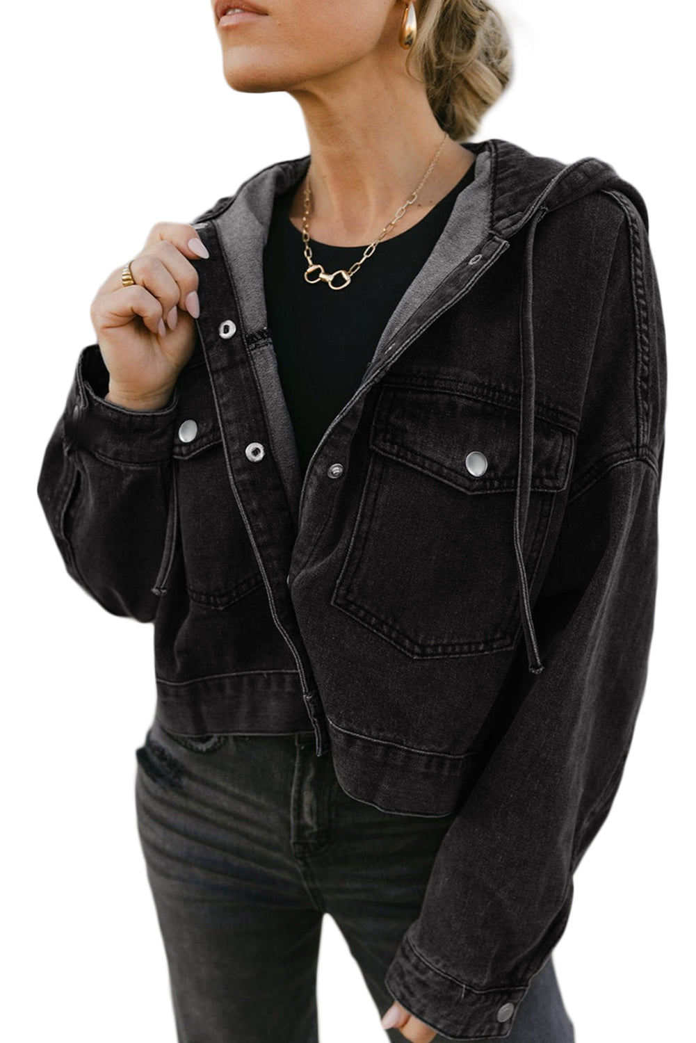 Black Big Chest Pocket Drop Shoulder Hooded Denim Jacket-Tops / Dresses-[Adult]-[Female]-2022 Online Blue Zone Planet