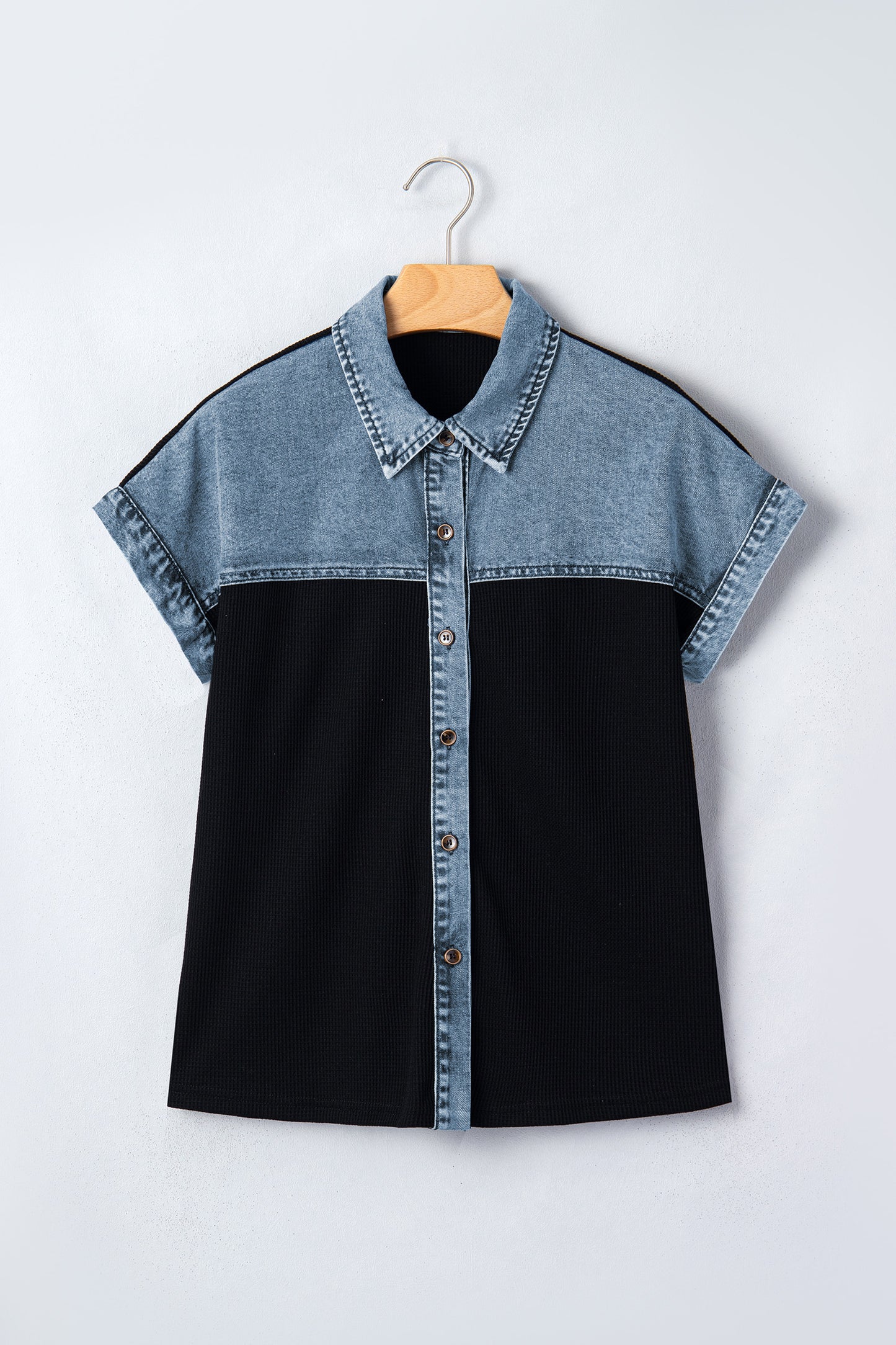 Black Textured Knit Denim Color Block Patchwork Collar Button Down Shirt-Tops/Blouses & Shirts-[Adult]-[Female]-2022 Online Blue Zone Planet