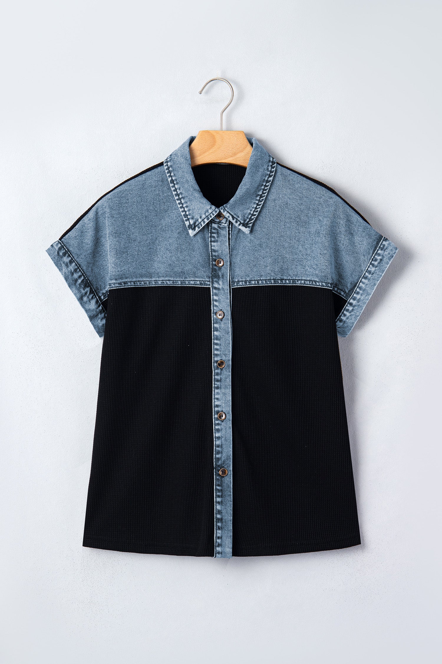Black Textured Knit Denim Color Block Patchwork Collar Button Down Shirt-Tops/Blouses & Shirts-[Adult]-[Female]-2022 Online Blue Zone Planet