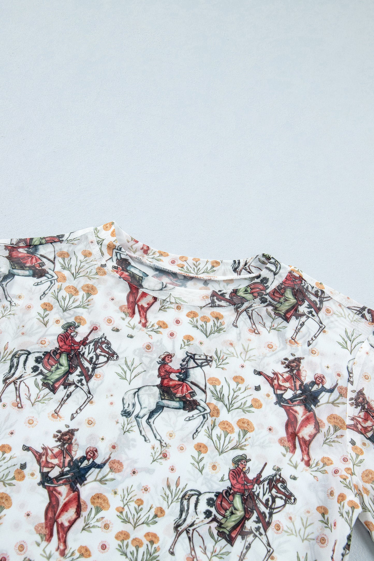 Beige Western Cowboy Floral Print Sheer Mesh Long Sleeve Top