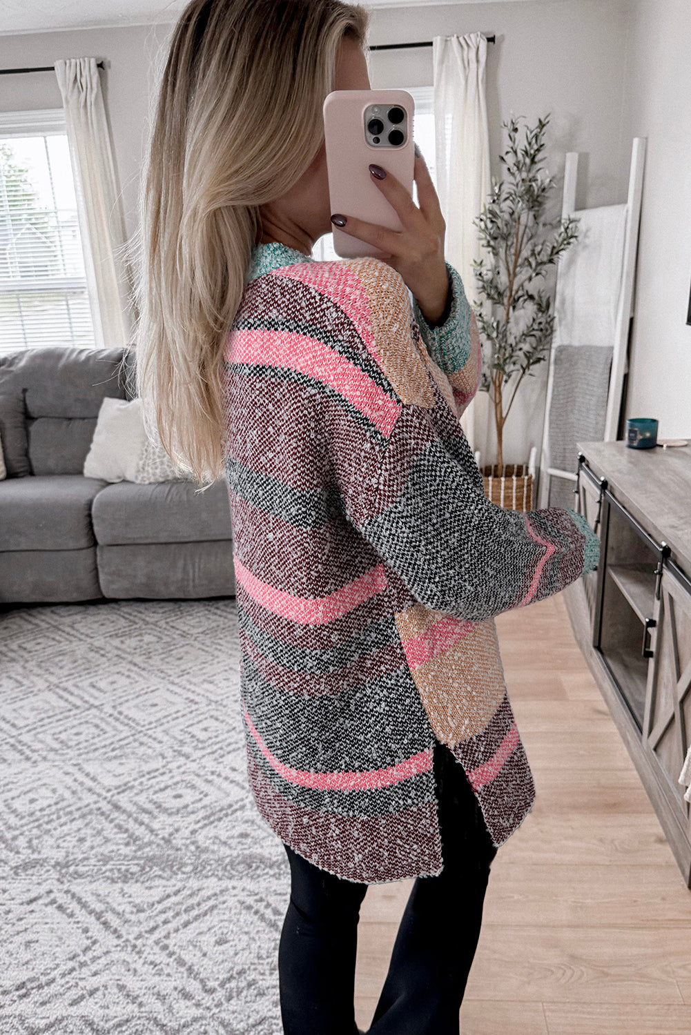 Multicolour Color Block Striped Side Slit Open Front Cardigan-Sweaters & Cardigans/Cardigans-[Adult]-[Female]-2022 Online Blue Zone Planet