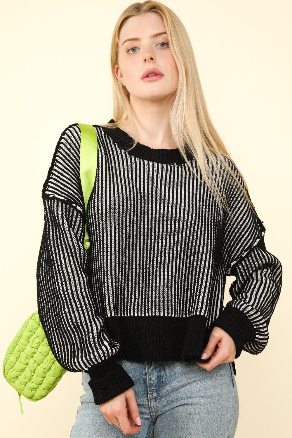 VERY J Exposed Seam Cropped Striped Slit Sweater-TOPS / DRESSES-[Adult]-[Female]-Black-S-2022 Online Blue Zone Planet