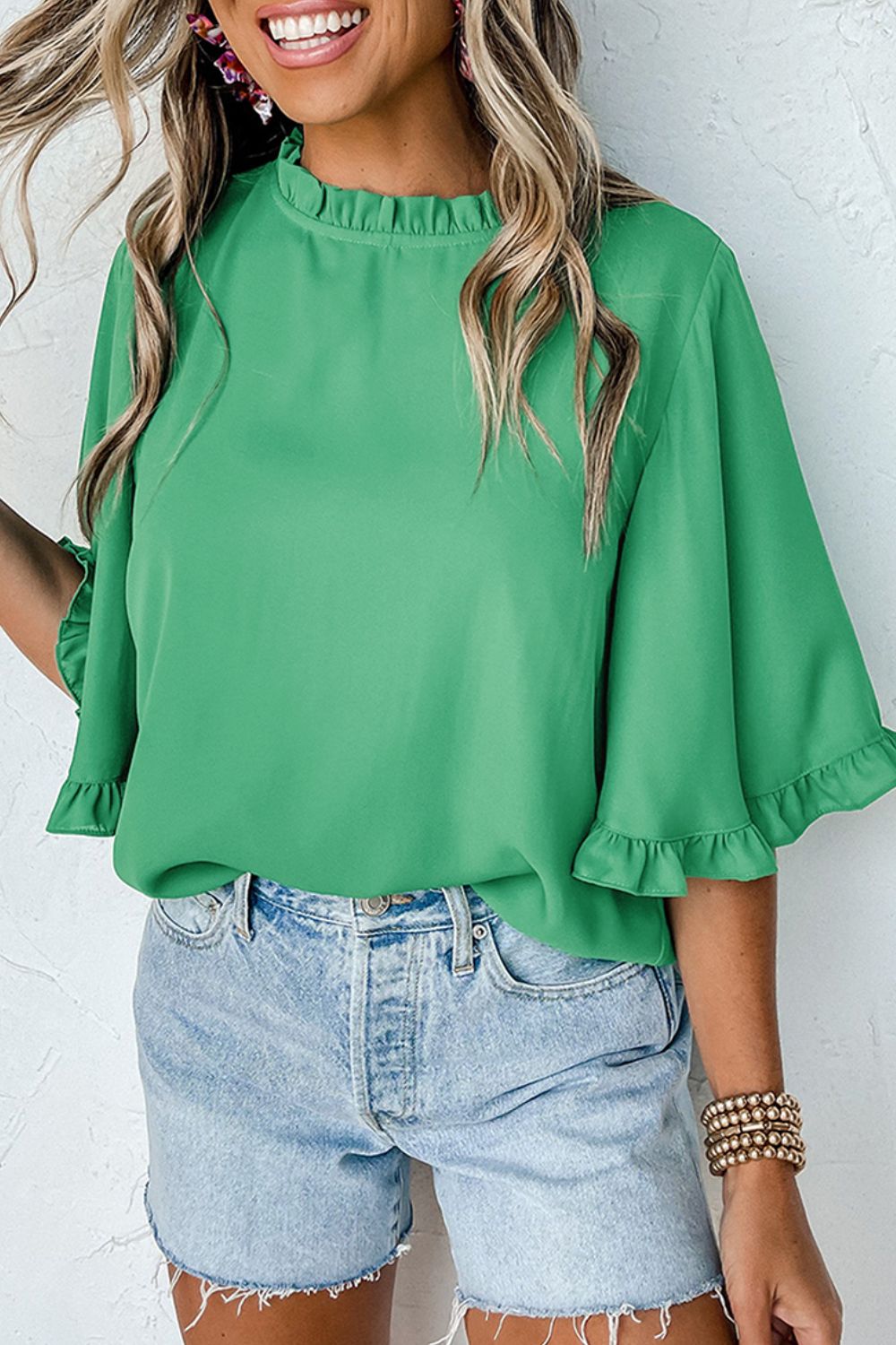 Frill Round Neck Wide Half Sleeve Blouse-TOPS / DRESSES-[Adult]-[Female]-Green-S-2022 Online Blue Zone Planet