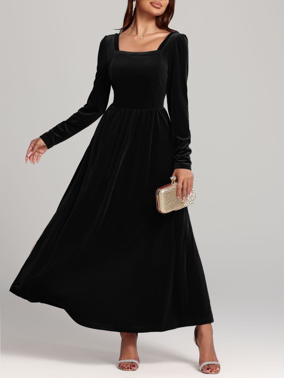 Blue Zone Planet | Velvet Square Neck Long Sleeve Dress-TOPS / DRESSES-[Adult]-[Female]-2022 Online Blue Zone Planet