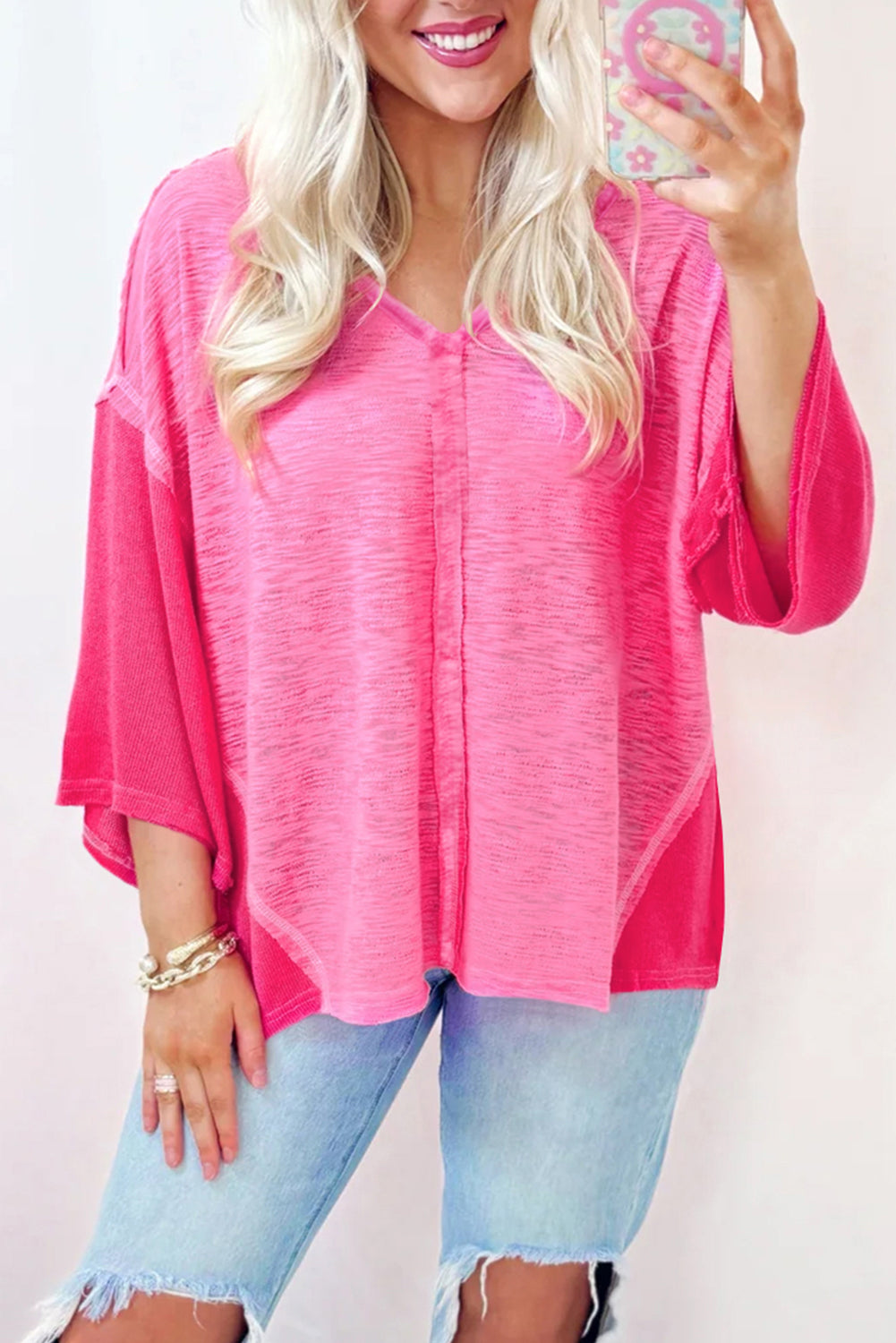 Sachet Pink V-Neck Exposed Seam Patchwork Top-T Shirts-[Adult]-[Female]-Sachet Pink-S-2022 Online Blue Zone Planet