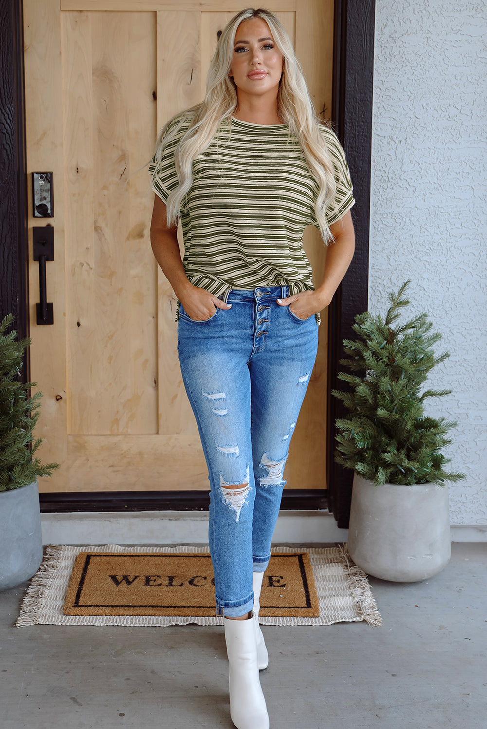 Green Stripe Textured Side Slits Crew Neck T Shirt-Tops/Tops & Tees-[Adult]-[Female]-2022 Online Blue Zone Planet