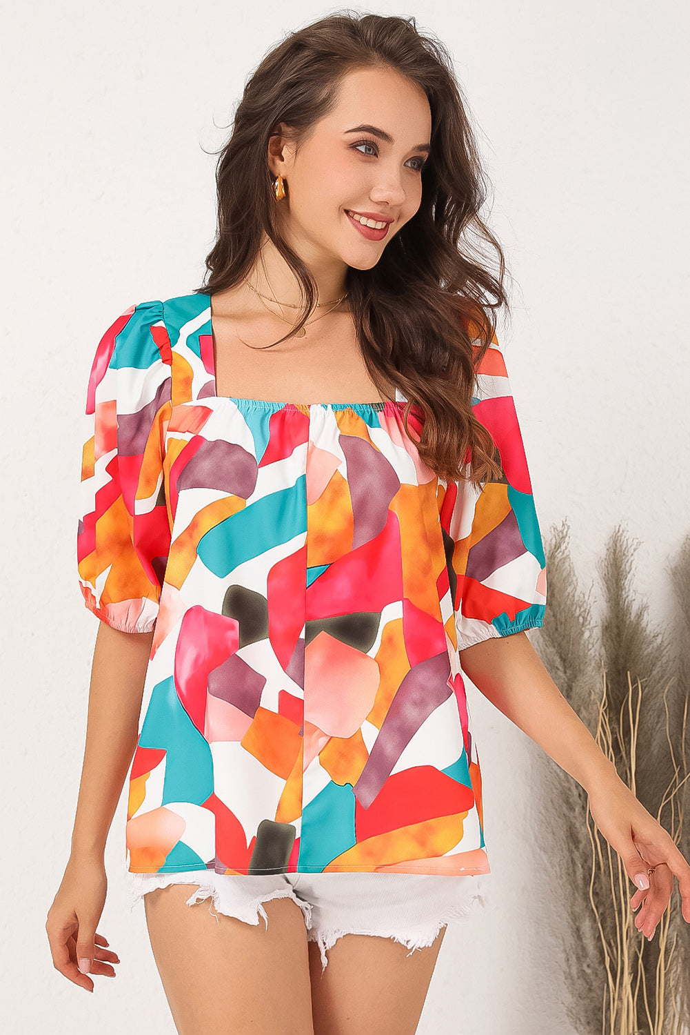 Multicolor Square Neck Abstract Print Short Sleeve Blouse-Sale (50% OFF)/30% OFF-[Adult]-[Female]-2022 Online Blue Zone Planet