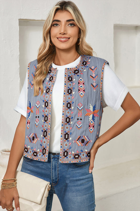 Sky Blue Geometric Embroidered Open Front Vest-Coats-[Adult]-[Female]-Sky Blue-XS-2022 Online Blue Zone Planet