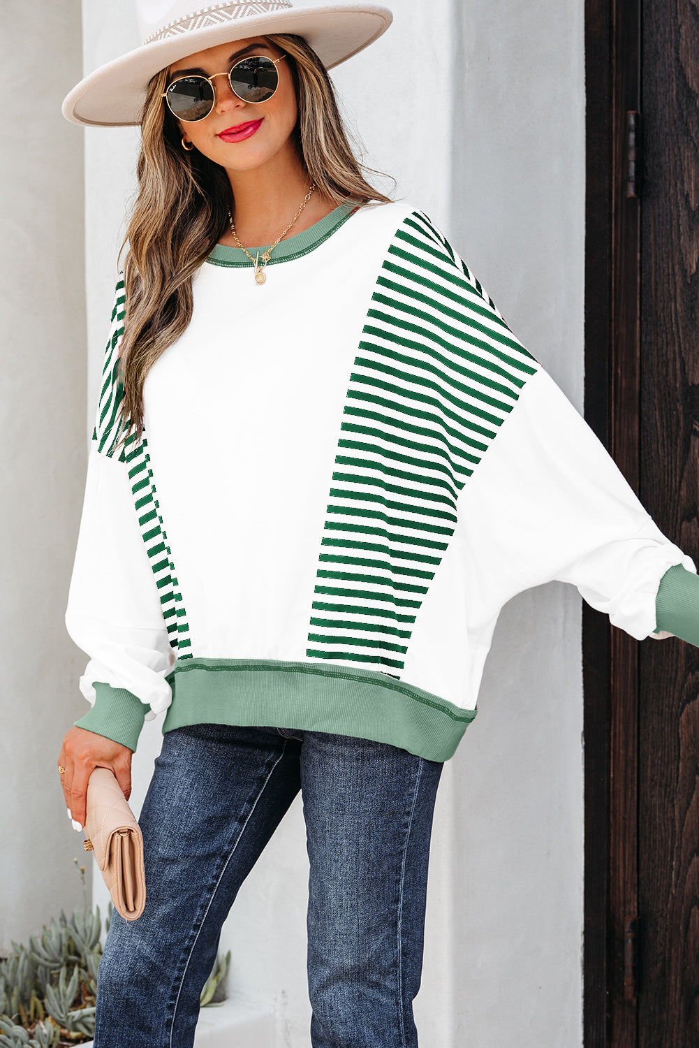 Green Stripe Colorblock Patchwork Contrast Stitching Oversize Sweatshirt-Tops/Sweatshirts & Hoodies-[Adult]-[Female]-2022 Online Blue Zone Planet