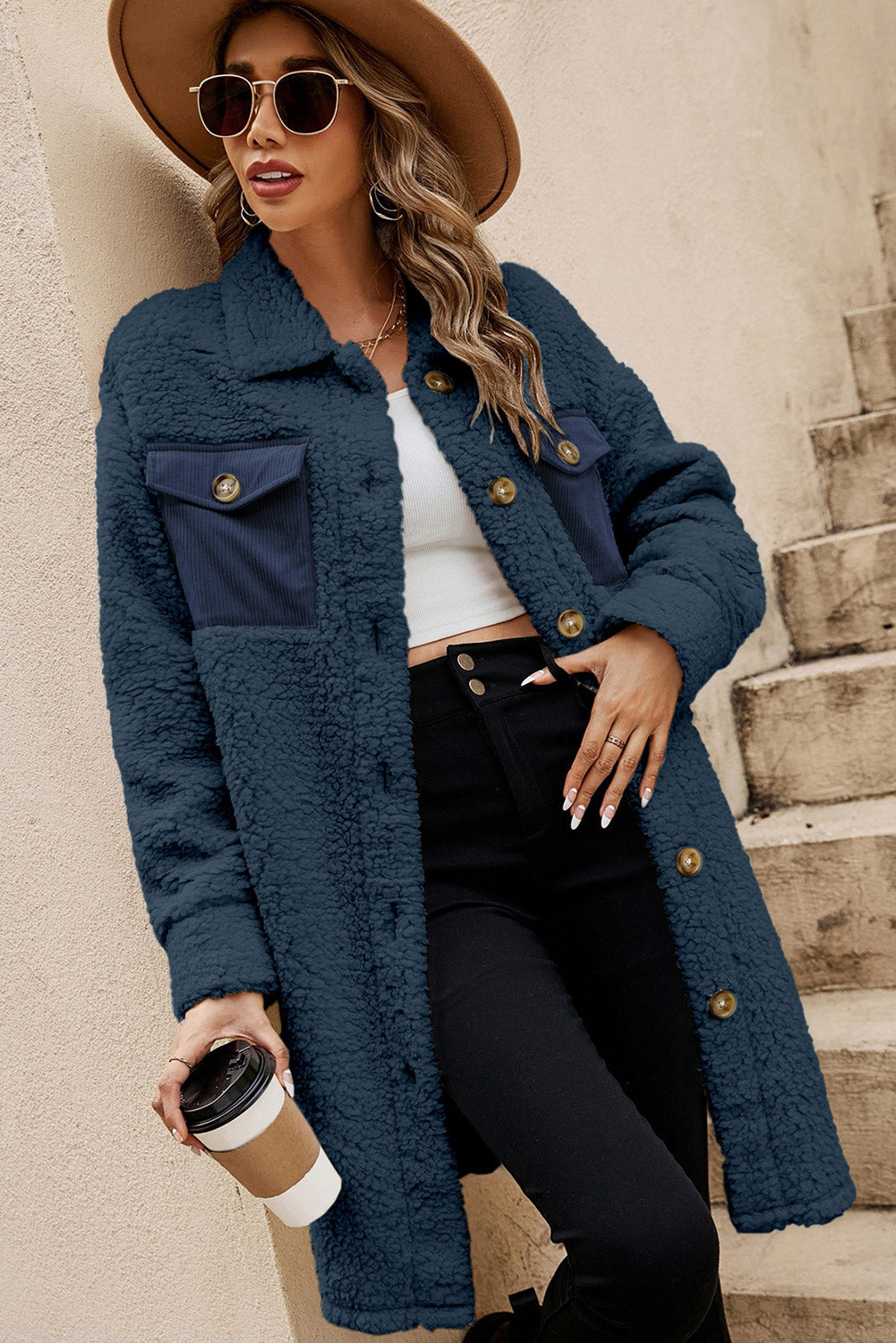 Blue Zone Planet | Blue Contrast Flap Pocket Single Breasted Teddy Coat-Outerwear/Coats-[Adult]-[Female]-2022 Online Blue Zone Planet