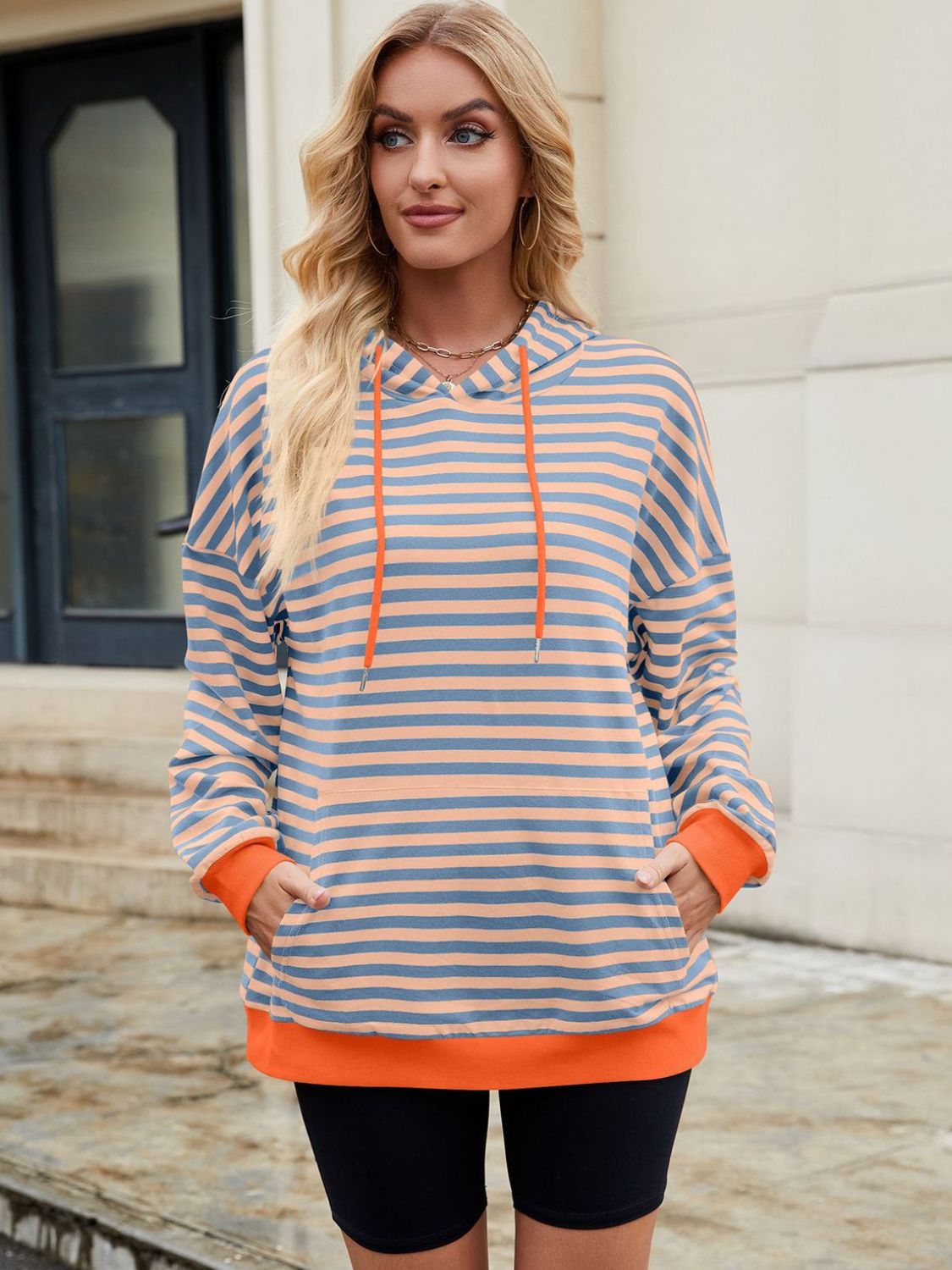 Drawstring Contrast Striped Long Sleeve Hoodie-TOPS / DRESSES-[Adult]-[Female]-Watermelon pink-S-2022 Online Blue Zone Planet