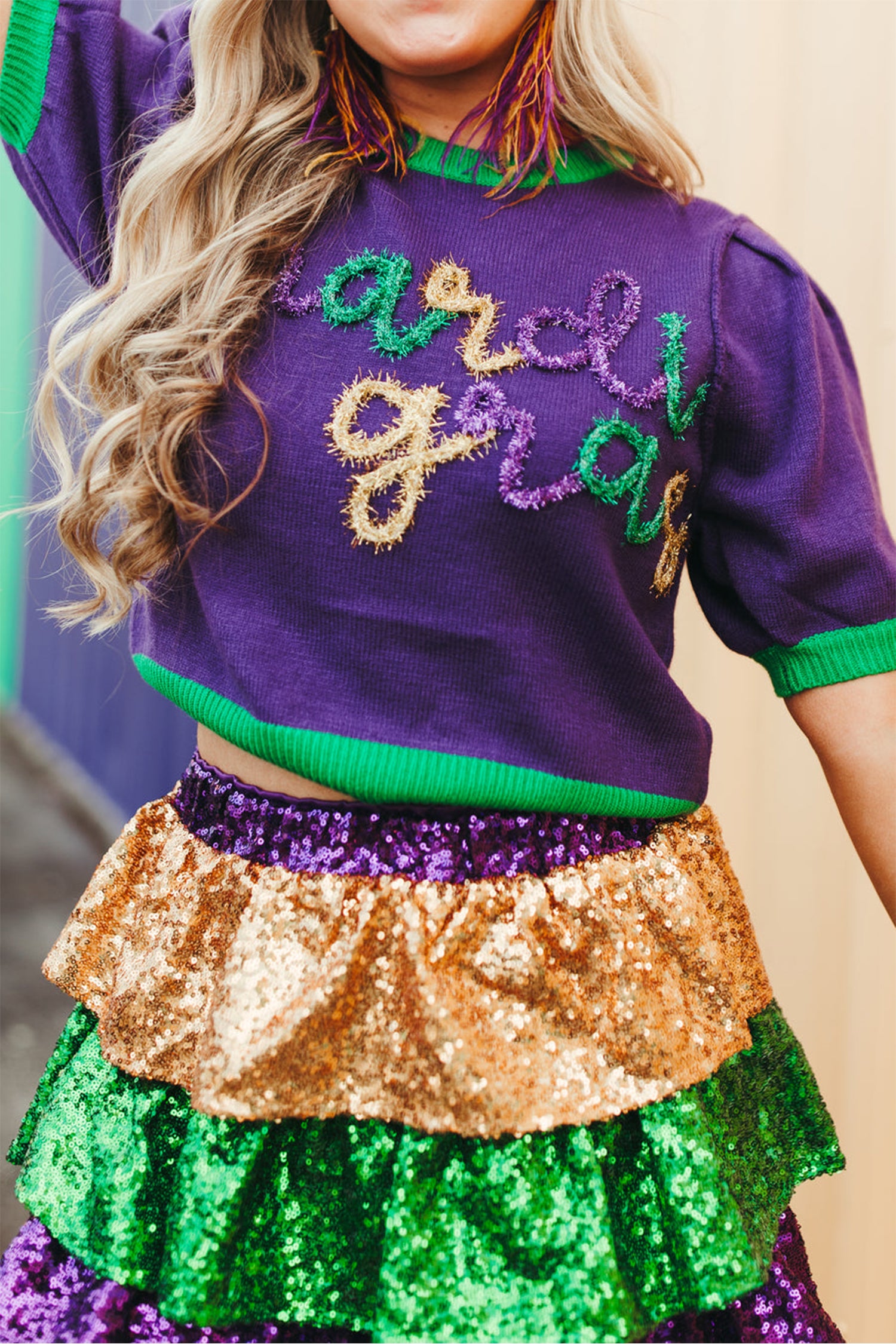 Tillandsia Purple Mardi Gras Tinsel Graphic Short Sleeve Sweater-TOPS / DRESSES-[Adult]-[Female]-2022 Online Blue Zone Planet