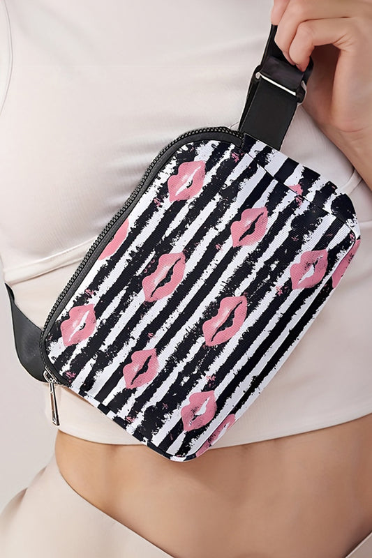 Color black Vintage Dyed Stripes Kiss Lips Printed Crossbody Bag-Shoes & Bags/Crossbody Bags-[Adult]-[Female]-Color black-ONE SIZE-2022 Online Blue Zone Planet