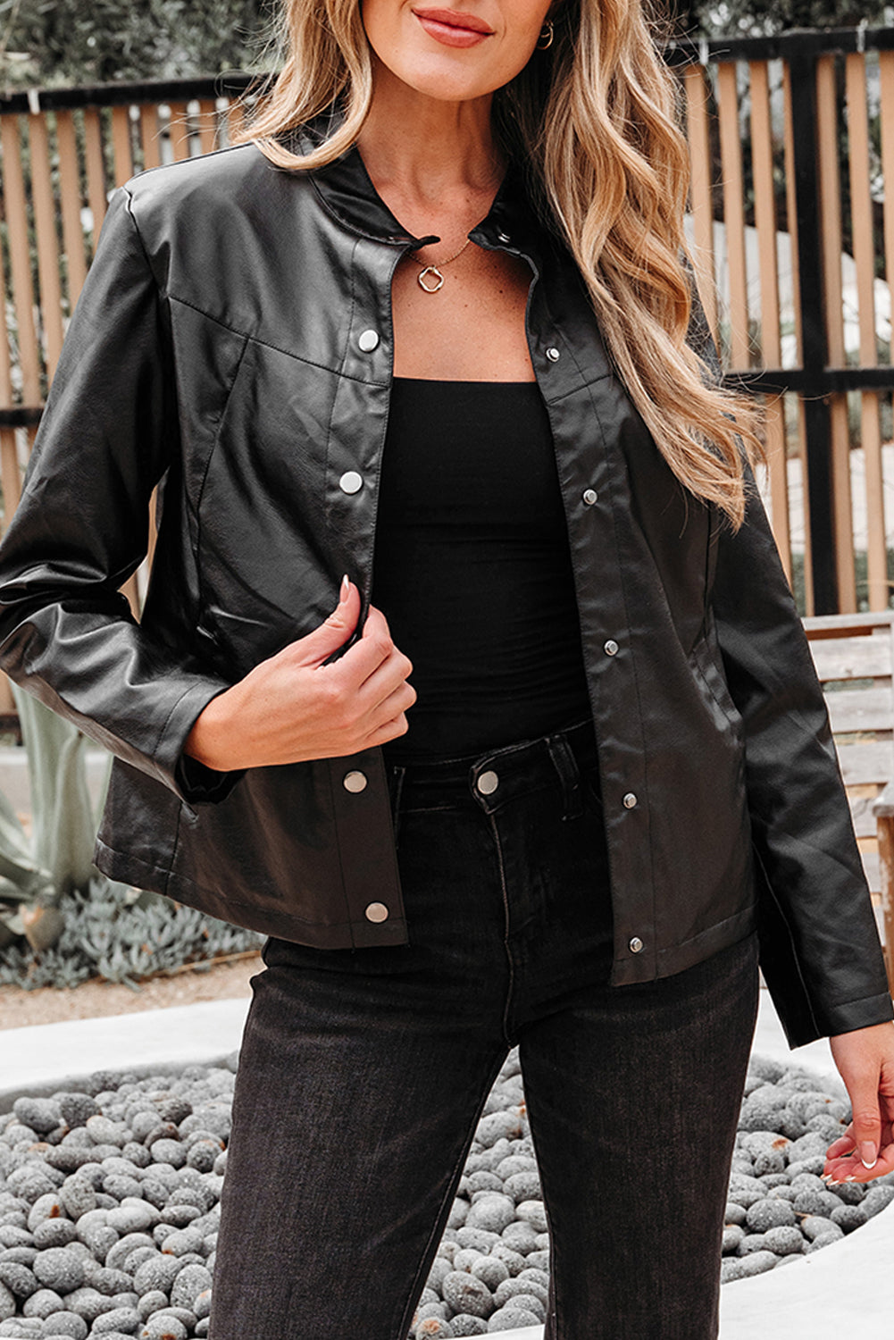 Black Faux Leather Buttoned Front Boxy Jacket-Outerwear/Jackets-[Adult]-[Female]-2022 Online Blue Zone Planet