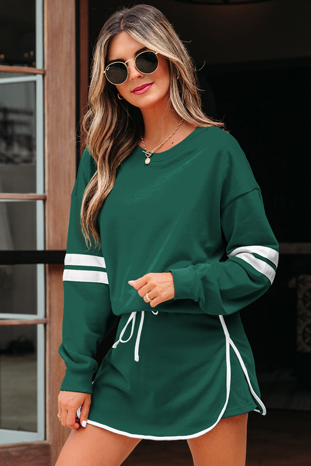 Evergreen Varsity Stripe Detail Drop Shoulder Pullover Mini Skirt Set-Two Piece Sets/Two Piece Dresses-[Adult]-[Female]-2022 Online Blue Zone Planet