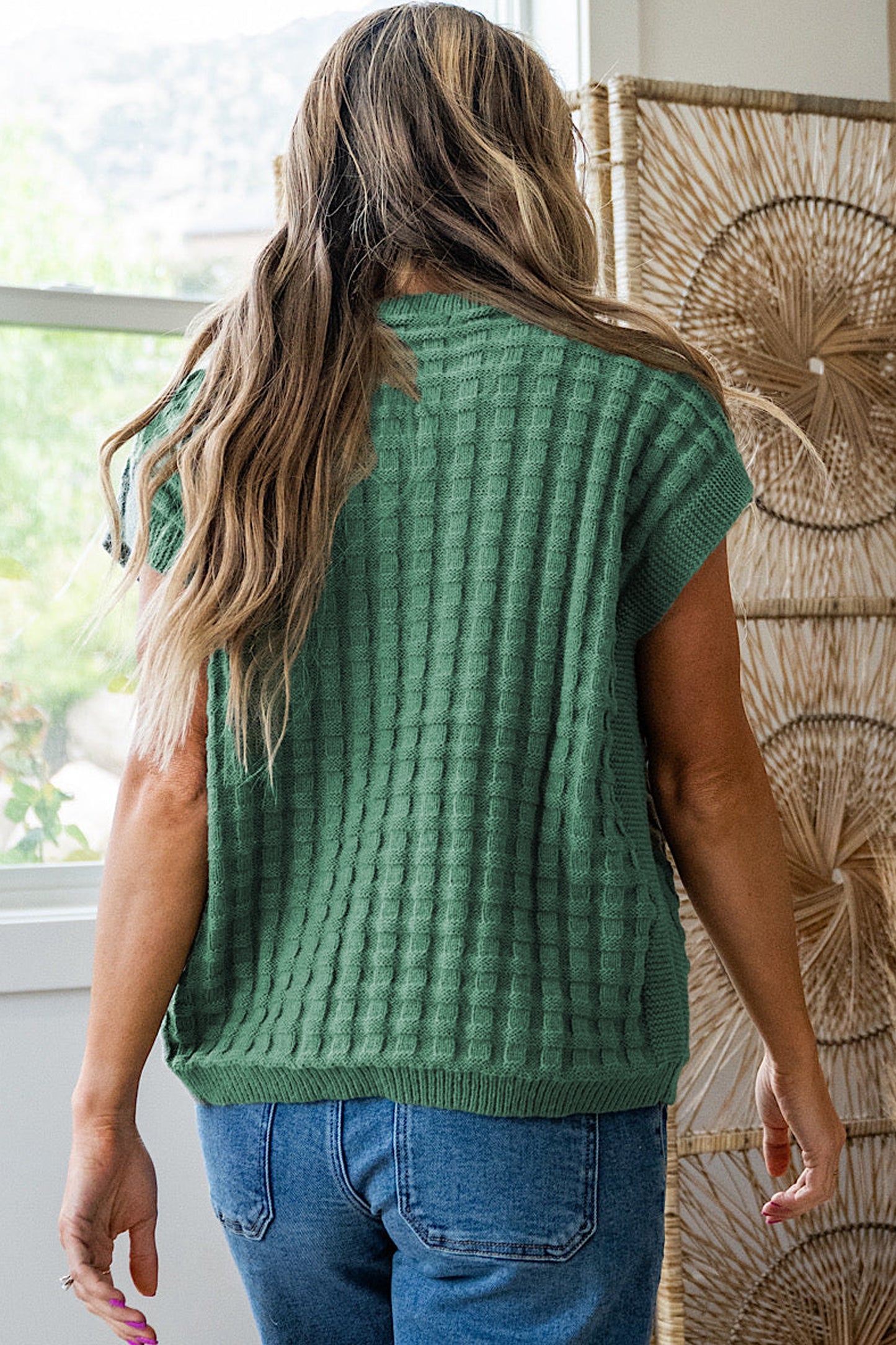 Mist Green Solid Color Round Neck Textured Short Sleeve Sweater-Sweaters & Cardigans/Short Sleeve Sweaters-[Adult]-[Female]-2022 Online Blue Zone Planet
