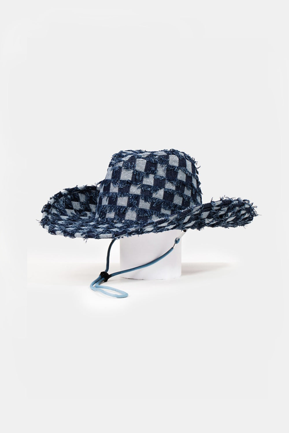 Fame Checkered Fringe Denim Cowboy Hat-HATS-[Adult]-[Female]-Dark Blue-One Size-2022 Online Blue Zone Planet