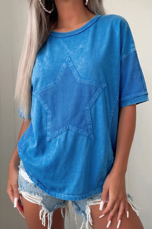 Blue Mineral Wash Star Mesh Patchwork Oversize Tee-Tops/Tops & Tees-[Adult]-[Female]-Blue-S-2022 Online Blue Zone Planet