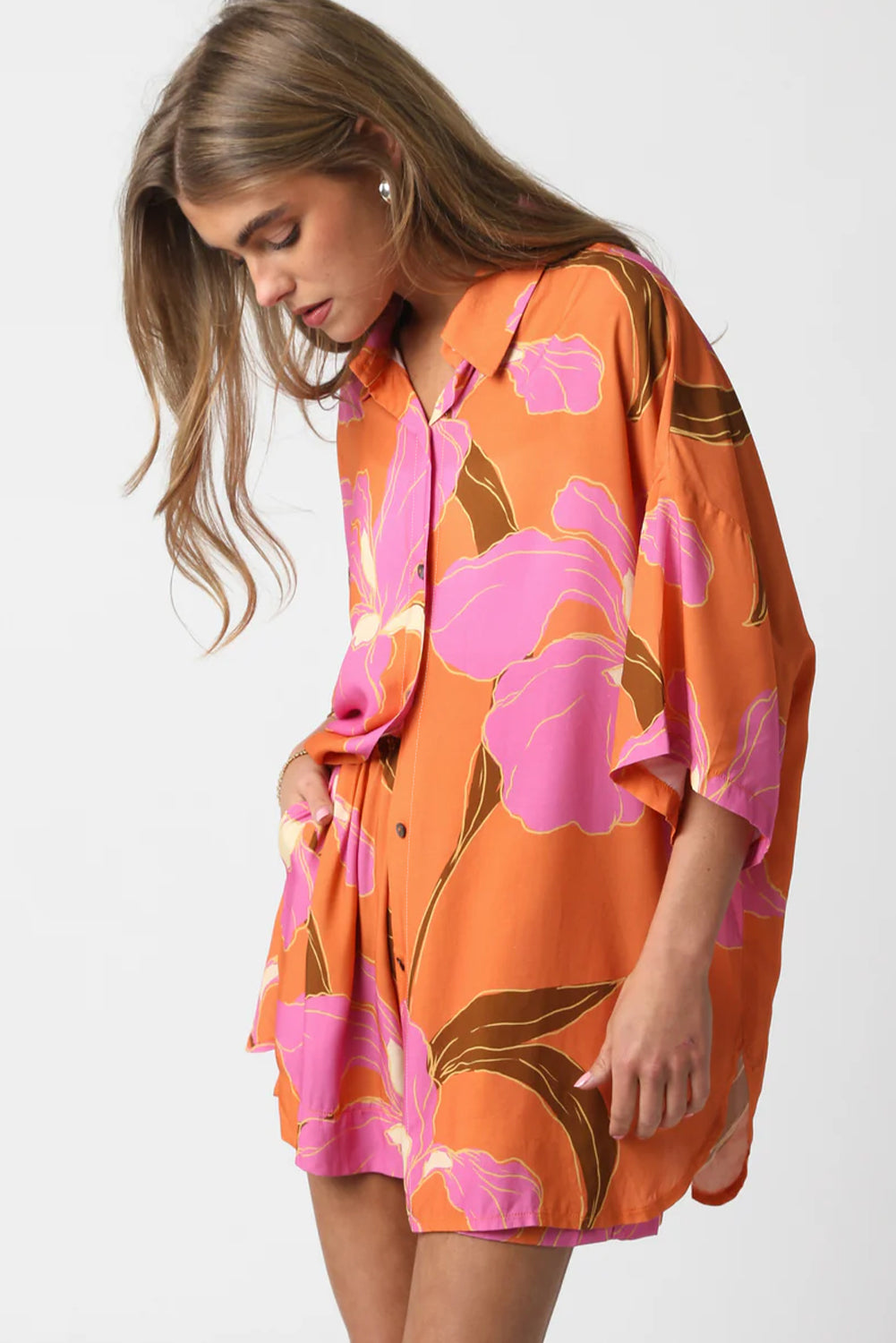 Russet Orange Floral Print Tunic Shirt and Shorts Set-Two Piece Sets/Short Sets-[Adult]-[Female]-2022 Online Blue Zone Planet