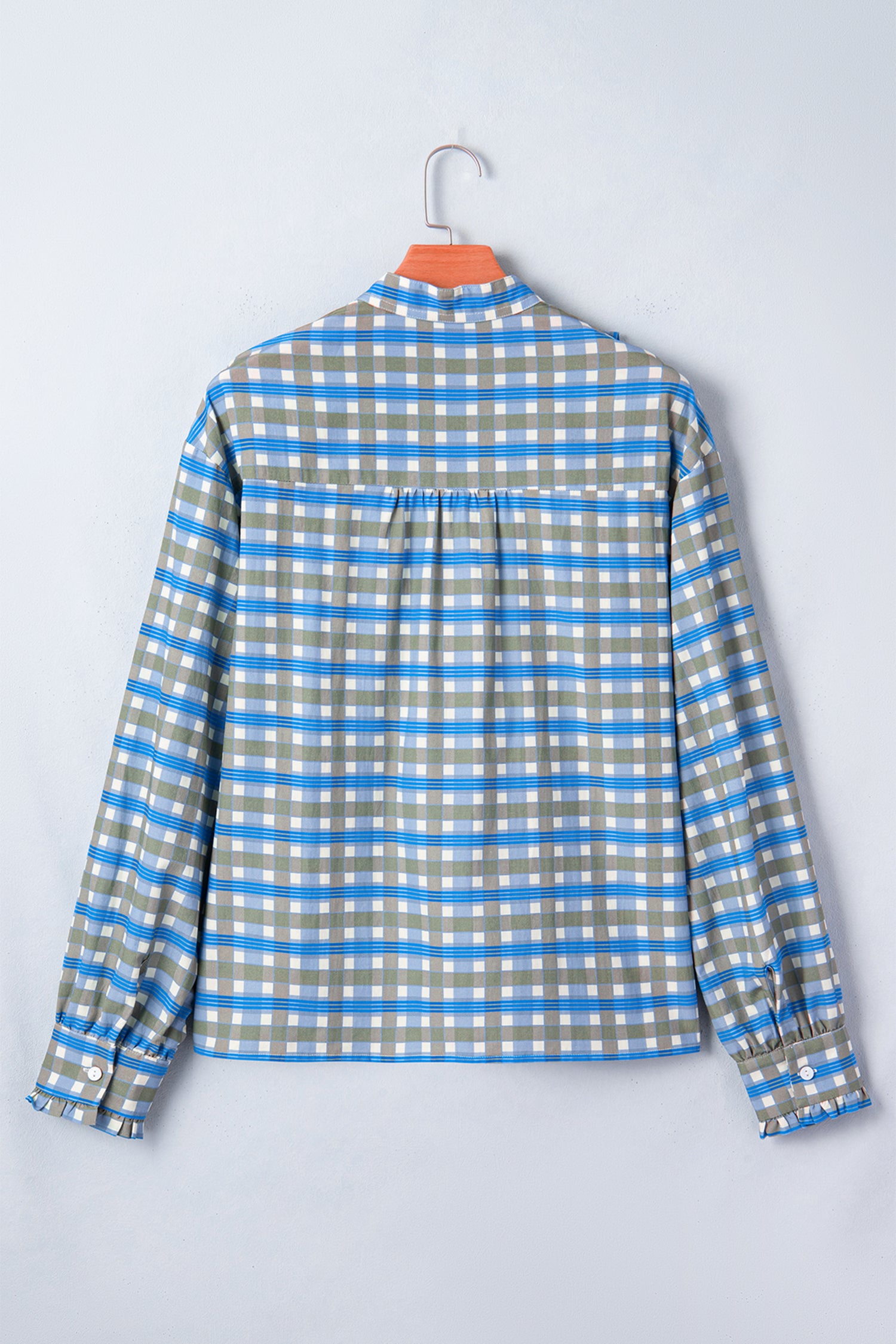 Sky Blue Plaid Long Sleeve Frilled Detail Half Button Blouse-Tops/Blouses & Shirts-[Adult]-[Female]-2022 Online Blue Zone Planet