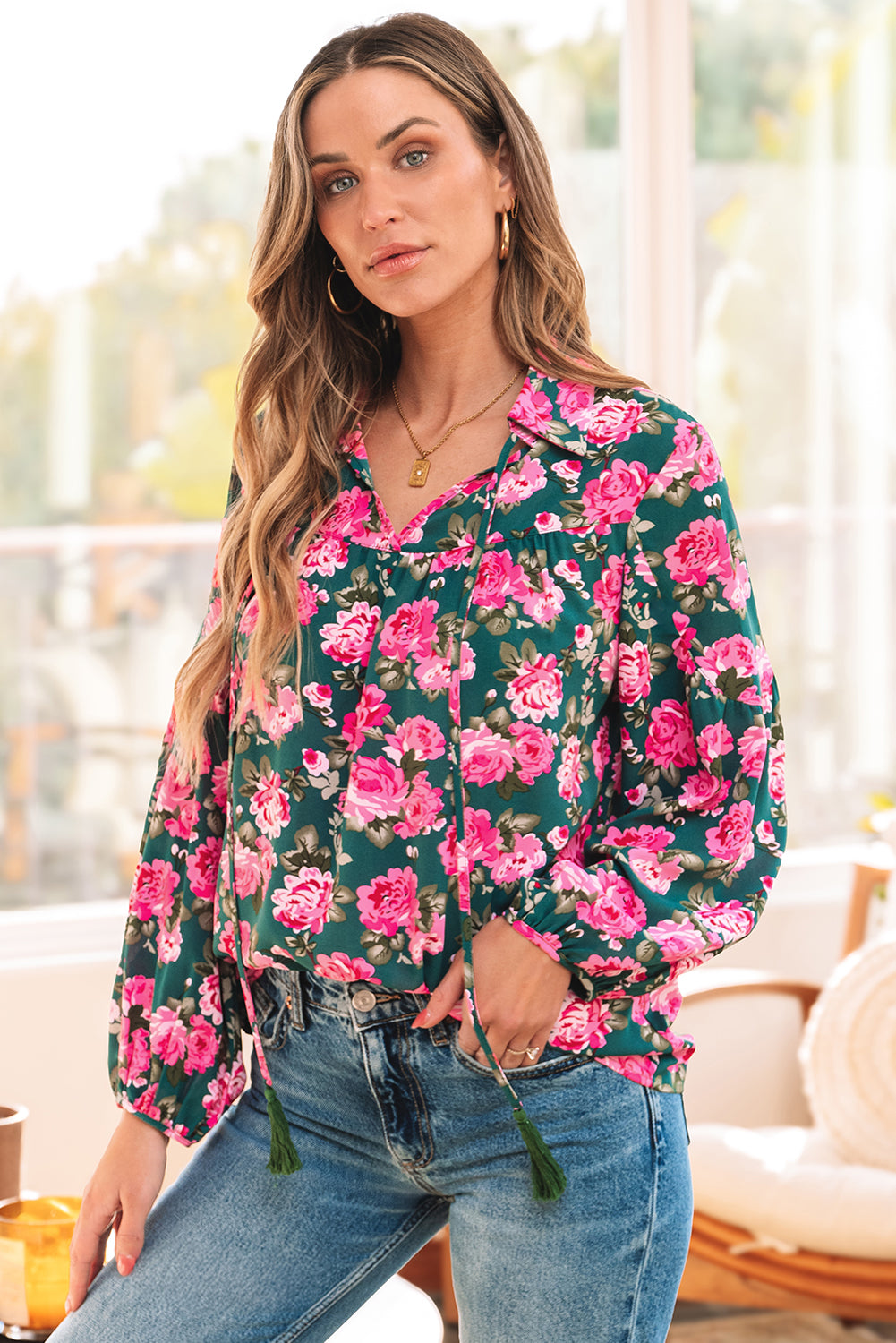 Blue Zone Planet | Green Floral Printed Tied Collar Puff Sleeve Blouse-Tops/Blouses & Shirts-[Adult]-[Female]-2022 Online Blue Zone Planet