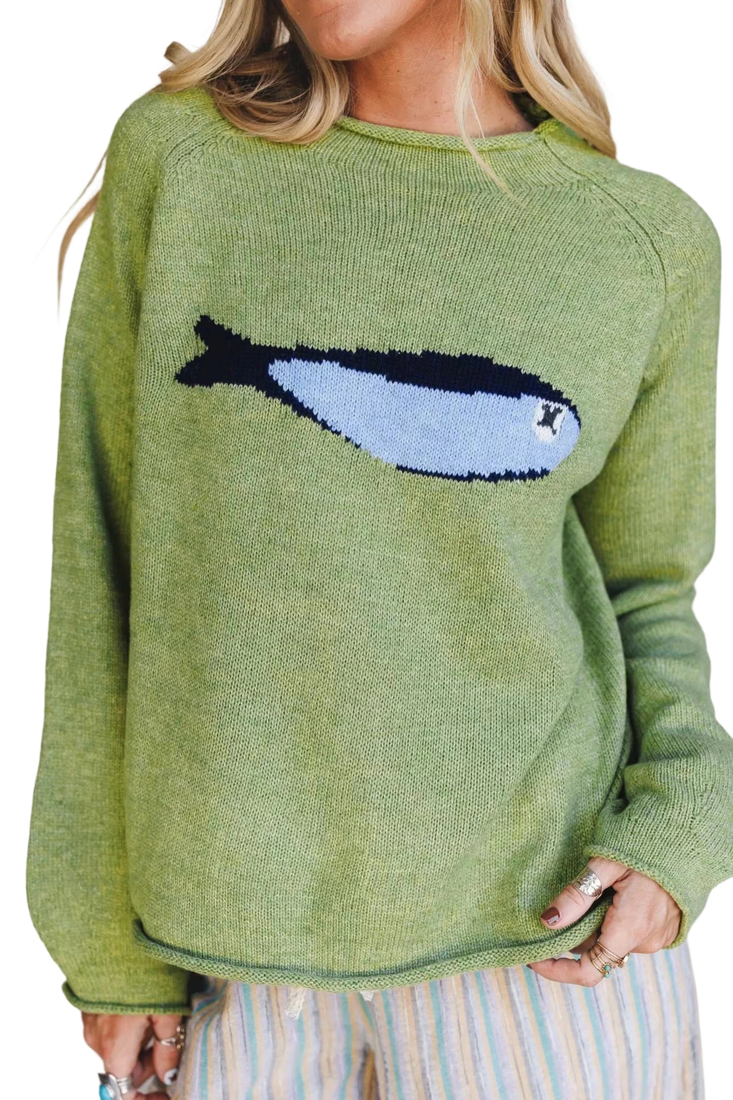 Meadow Mist Green Unique Fish Knit Oversized Round Neck Sweater-Sweaters & Cardigans/Sweaters-[Adult]-[Female]-2022 Online Blue Zone Planet