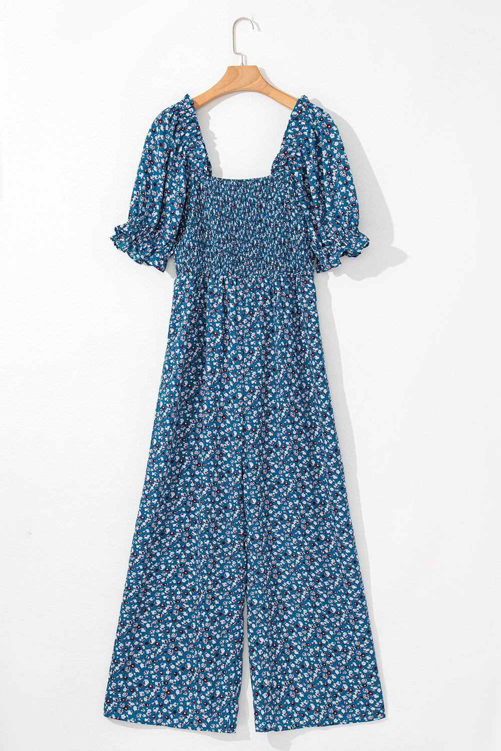 Blue Vintage Boho Floral Smocked Short Puff Sleeve Wide Leg Jumpsuit-Jumpsuits-[Adult]-[Female]-2022 Online Blue Zone Planet