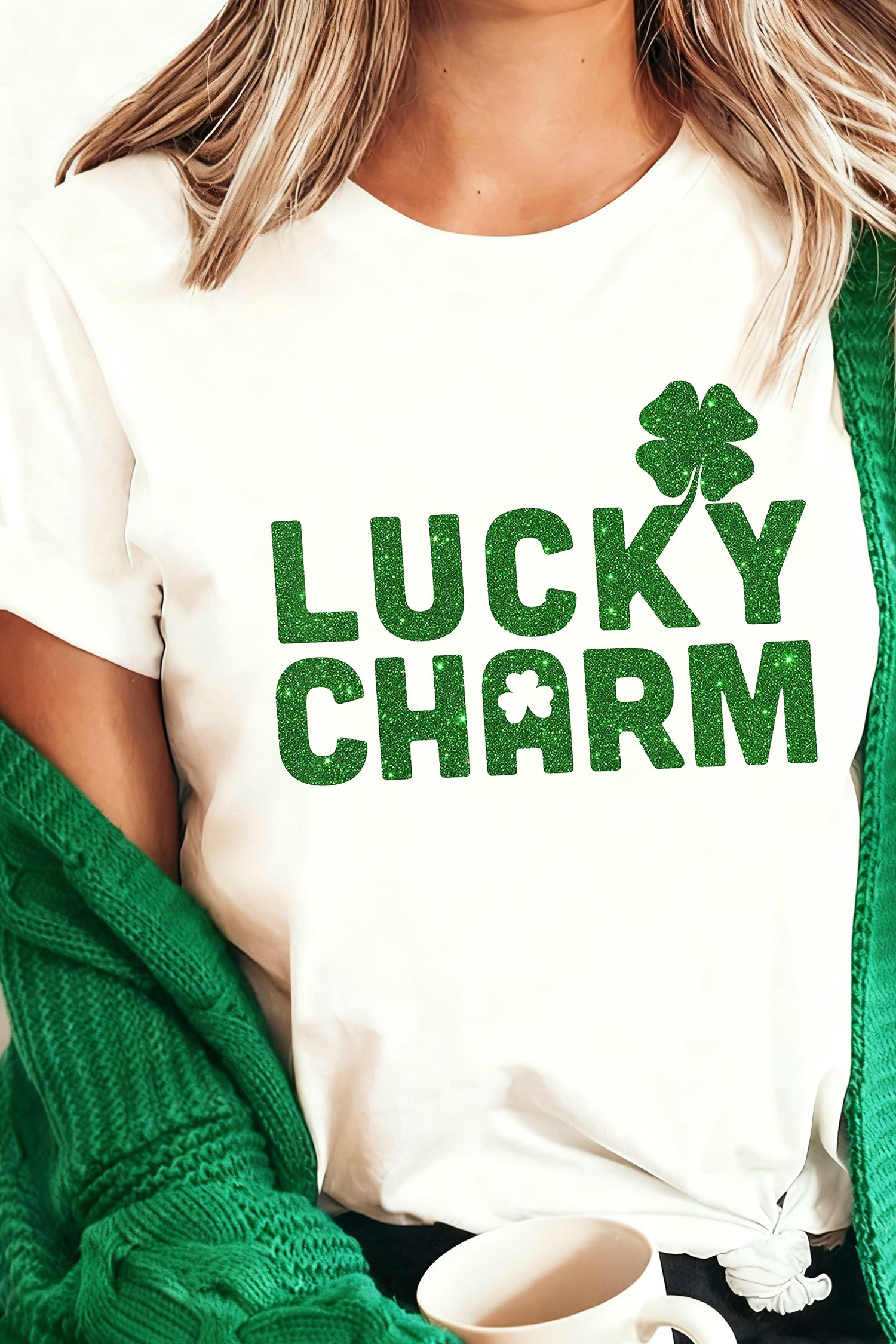 White LUCKY CHARM Shimmery Print St Patricks Day Clover T Shirt-Graphic/Graphic Tees-[Adult]-[Female]-White-S-2022 Online Blue Zone Planet